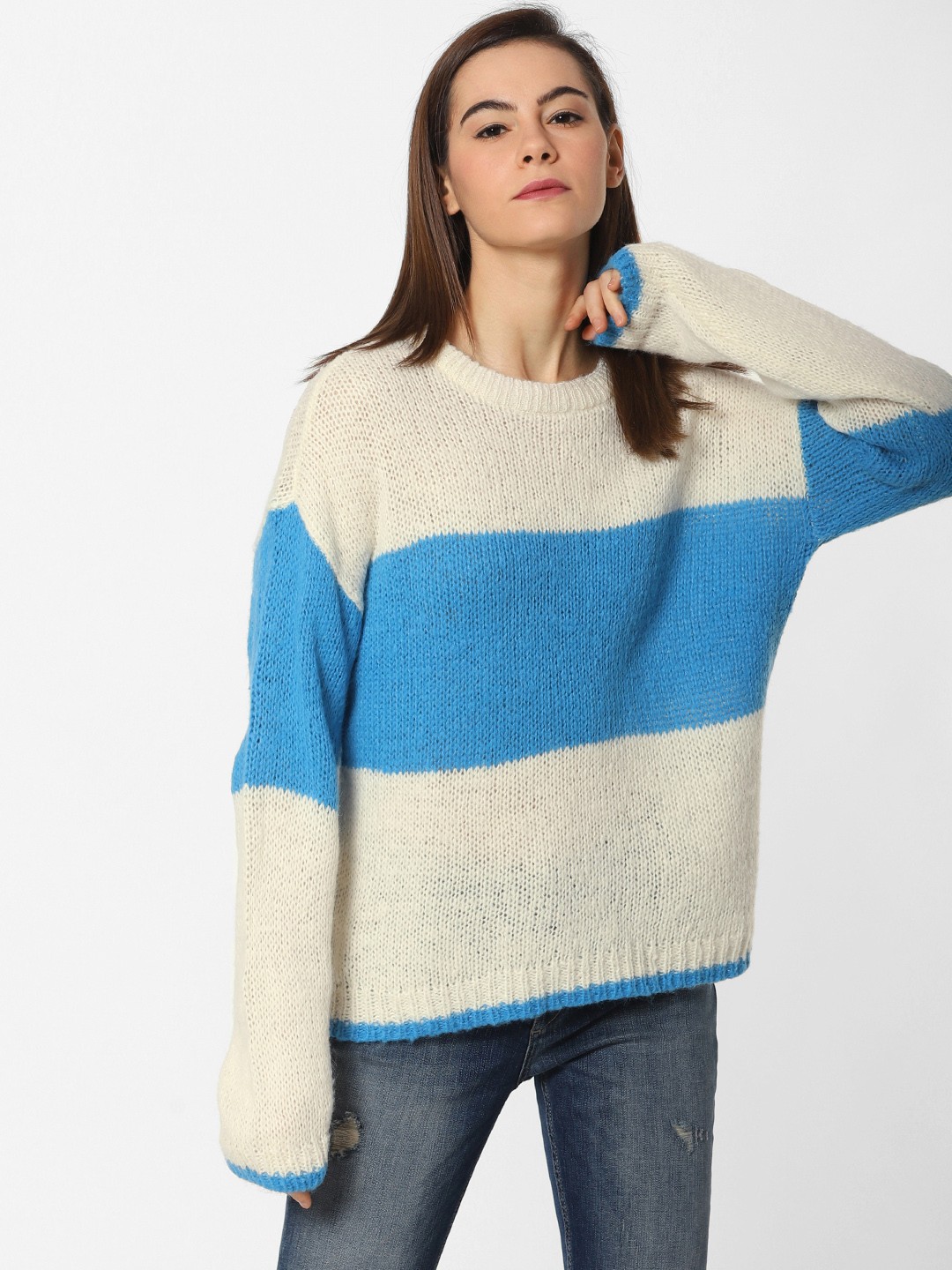 

ONLY Women Off-White & Blue Colourblocked Pullover Sweater