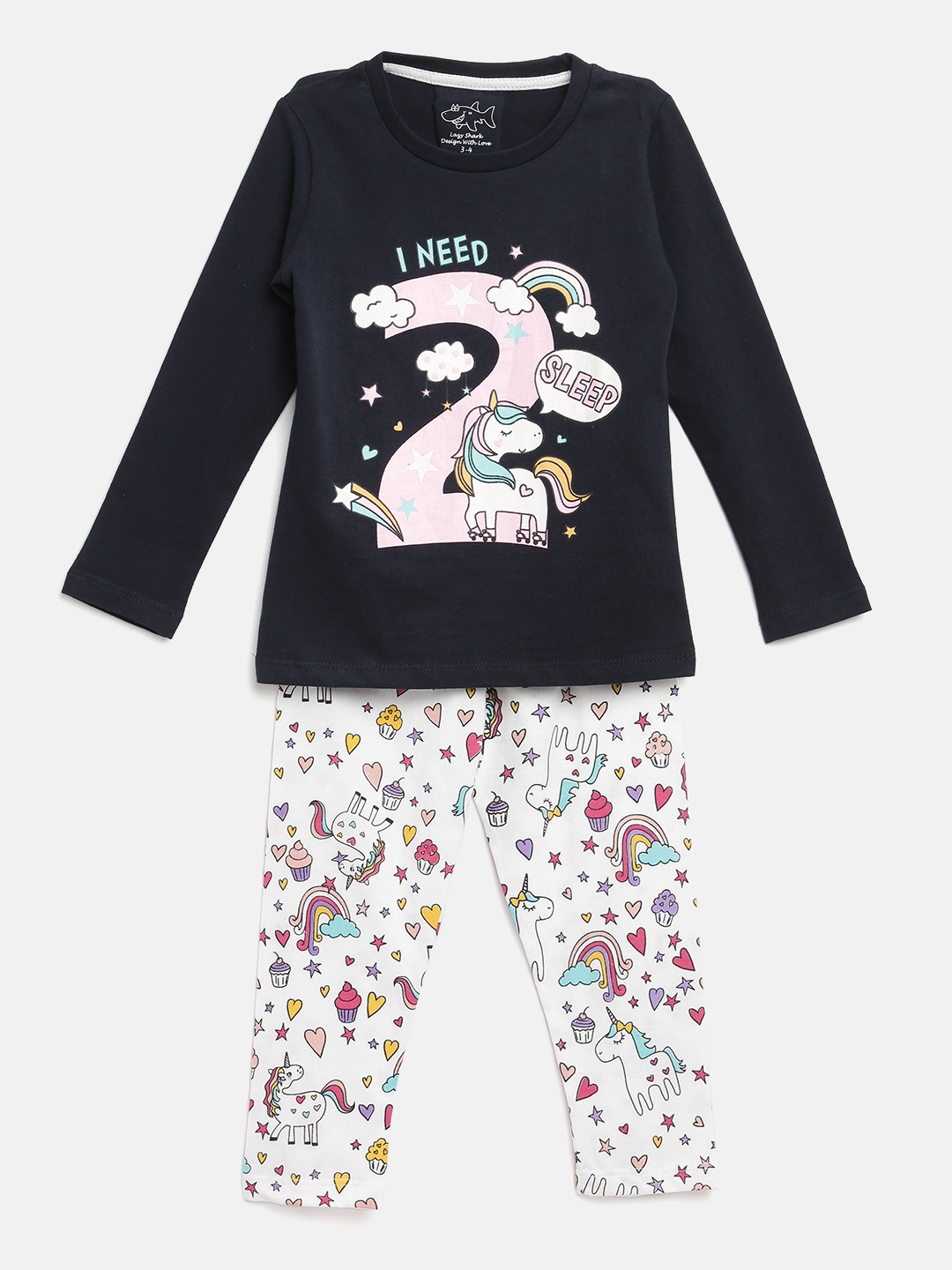 

Lazy Shark Girls Navy & White Printed Night Suit, Navy blue