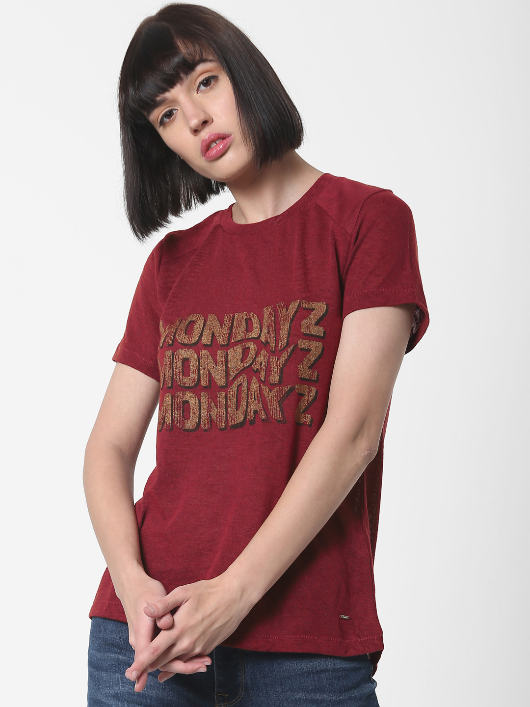 

ONLY Women Maroon Printed Round Neck T-shirt