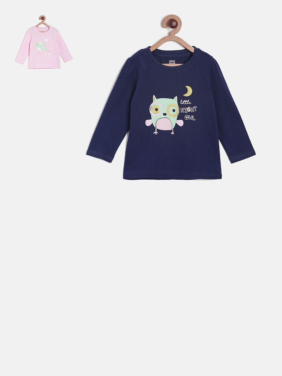 

MINI KLUB Girls Pack of 2 Printed Round Neck Pure Cotton T-shirts, Navy blue