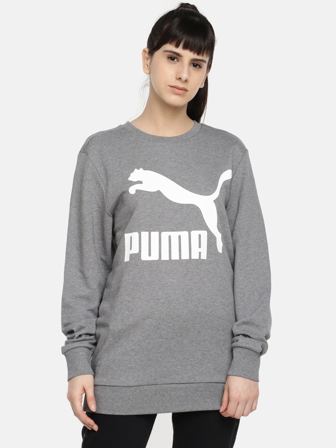 

Puma Women Grey Melange Printed Graphic Logo Sweatshirt