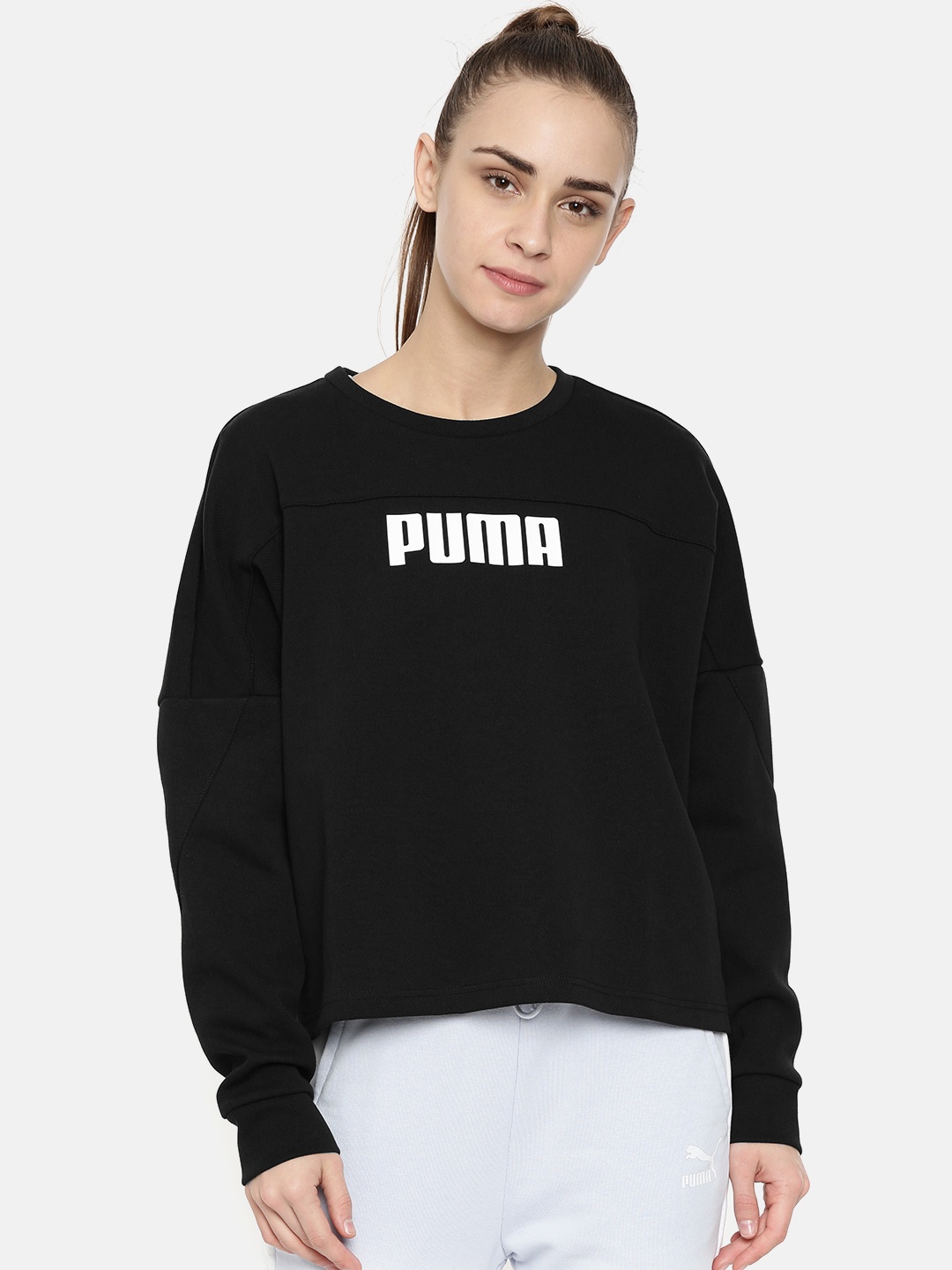 

Puma Women Black Printed NU-TILITY Cropped Crew Pullover Sweatshirt