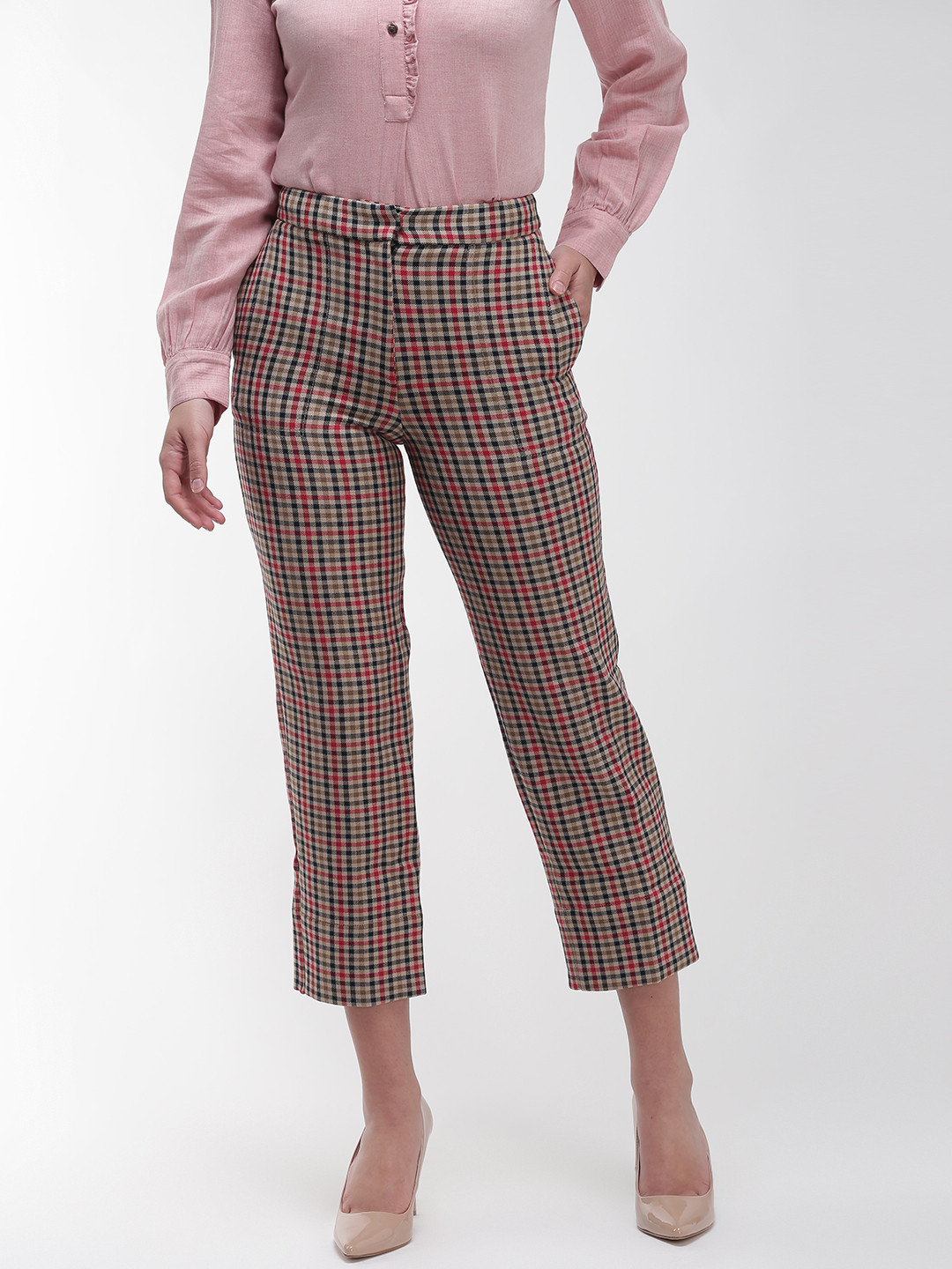 

Marks & Spencer Women Beige & Red Regular Fit Checked Cropped Formal Trousers