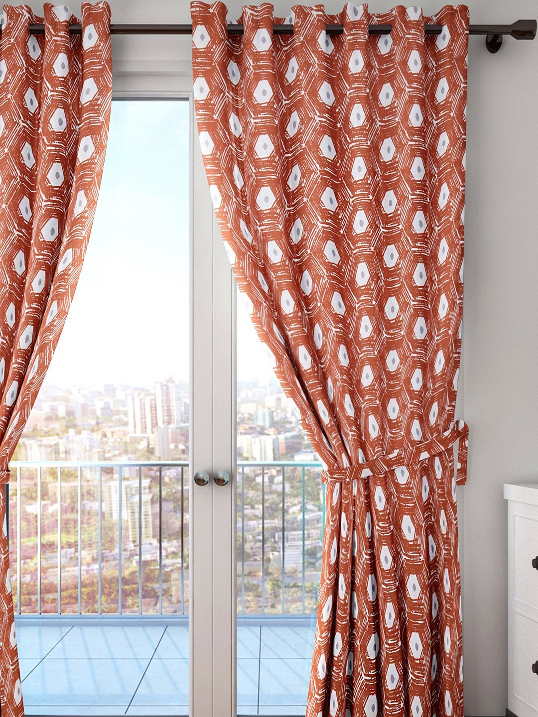 

HOUZZCODE White & Orange Single Room Darkening Curtain