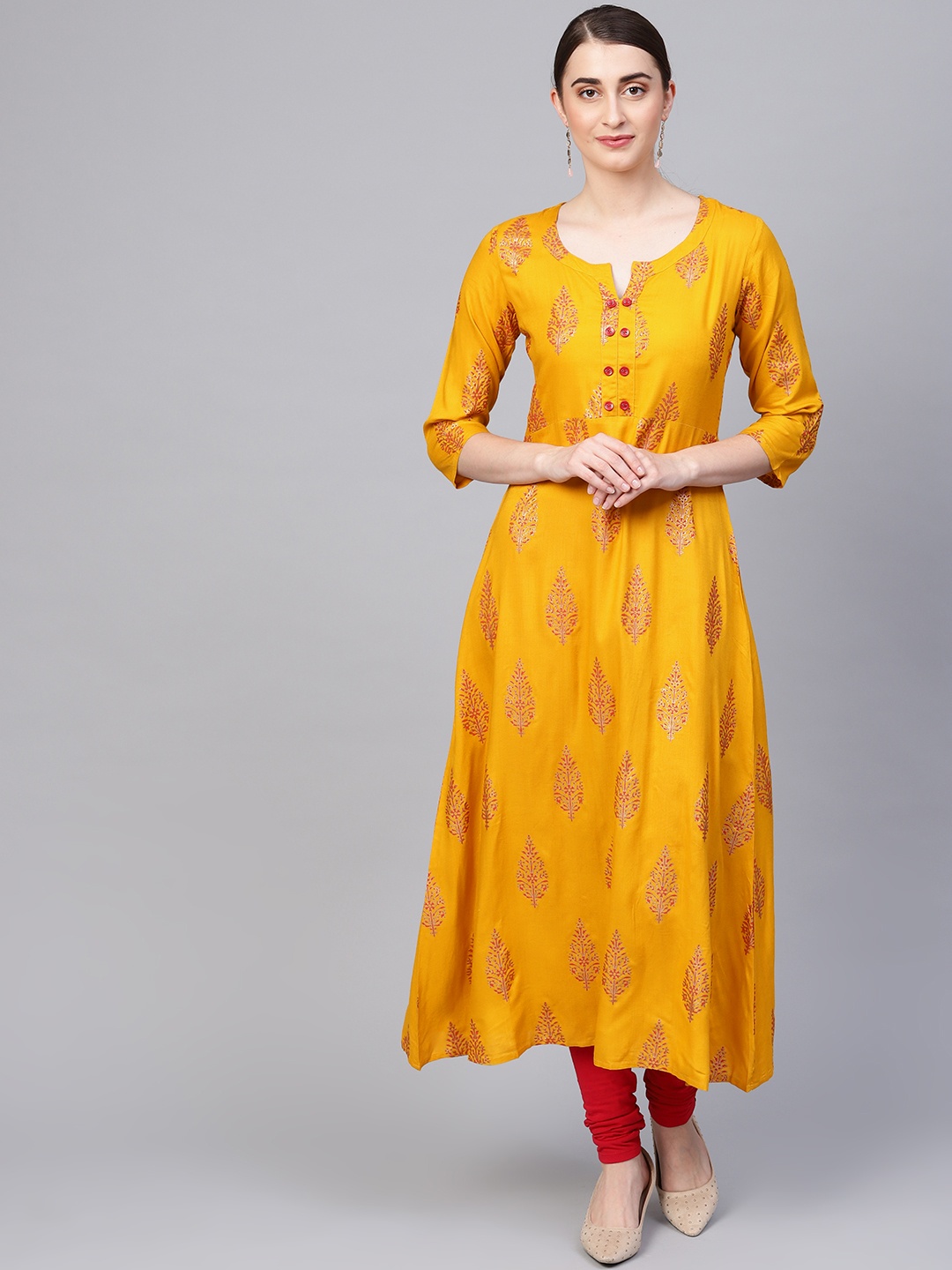 

Myshka Women Mustard Yellow & Rust Red Floral Printed A-Line Kurta