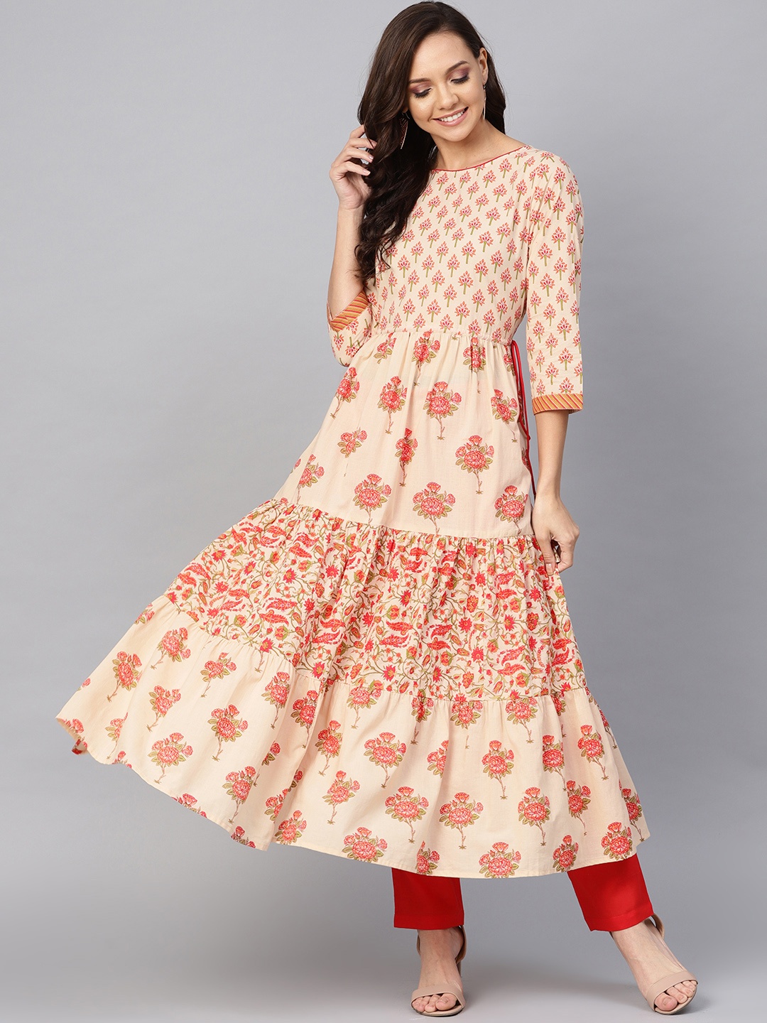 

Yuris Women Beige & Orange Printed Tiered A-Line Kurta