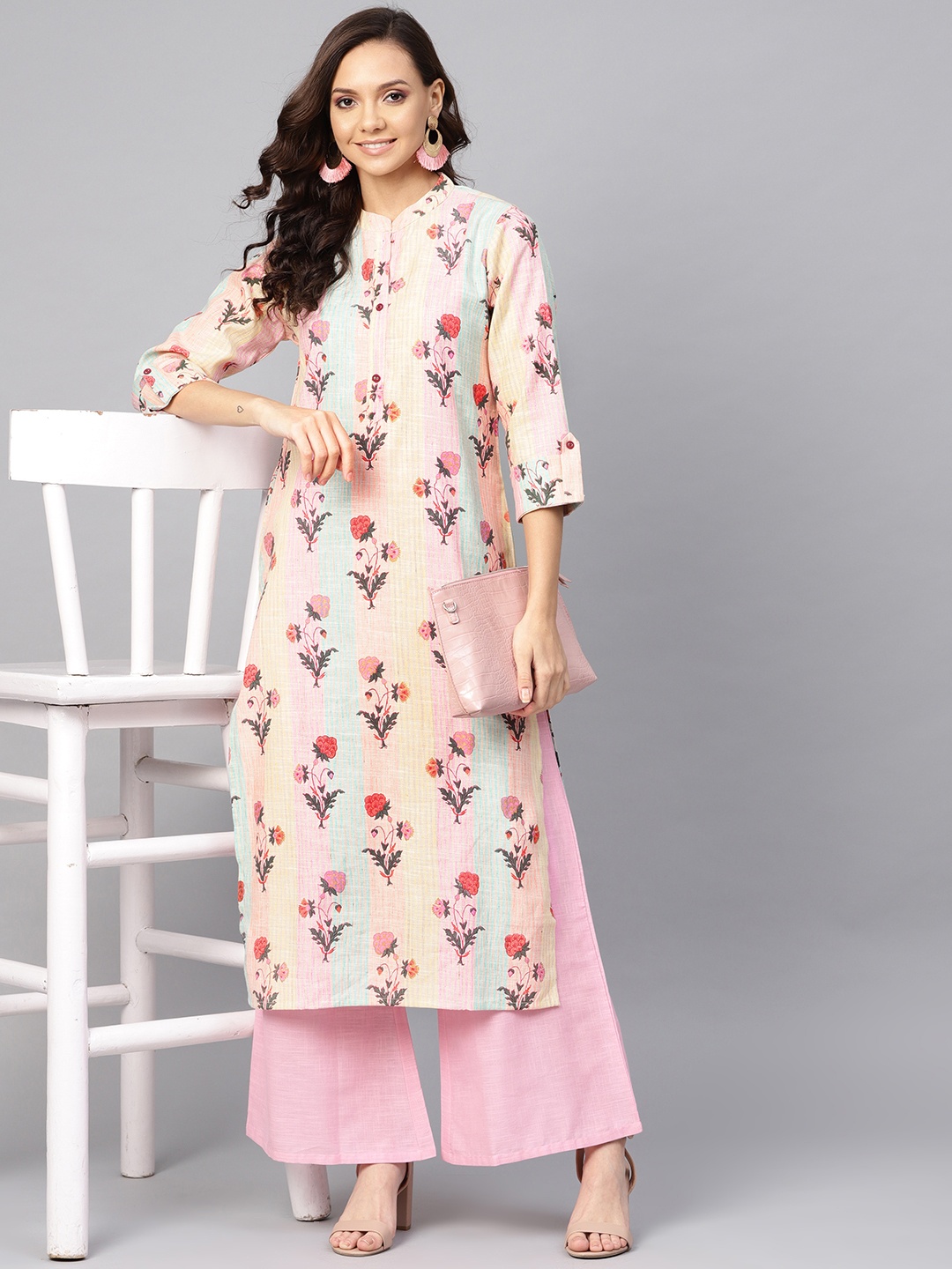 

Yuris Women Pink & Cream-Coloured Printed Straight Kurta
