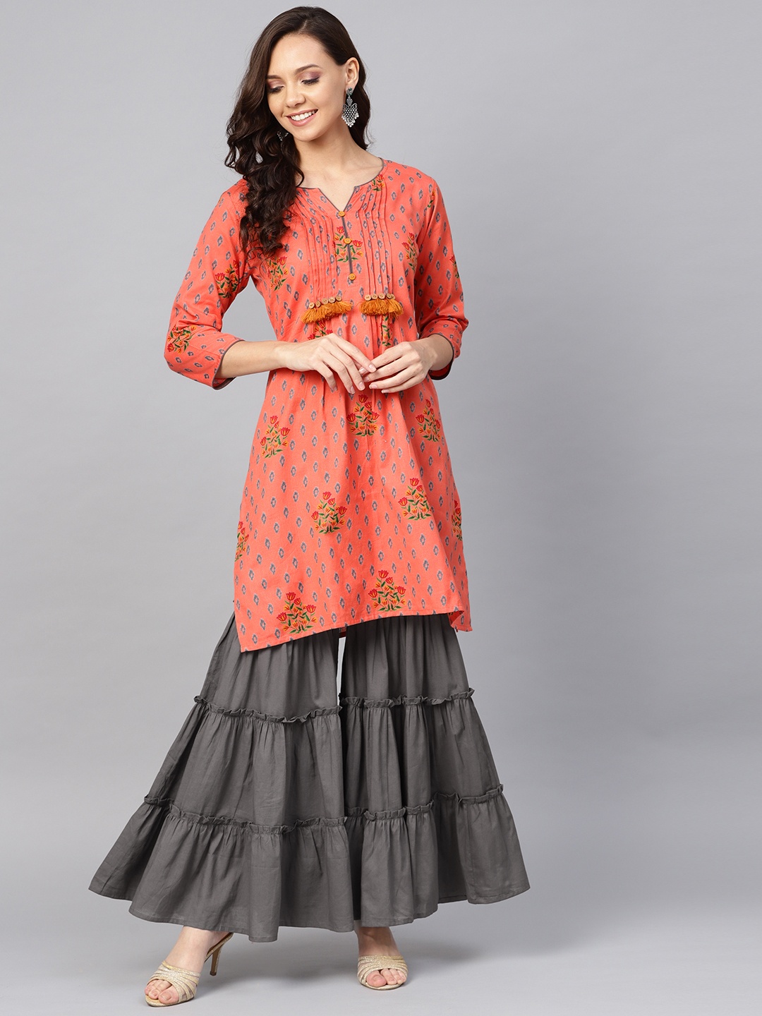 

Yuris Women Coral Orange & Charcoal Grey Printed Kurta with Sharara