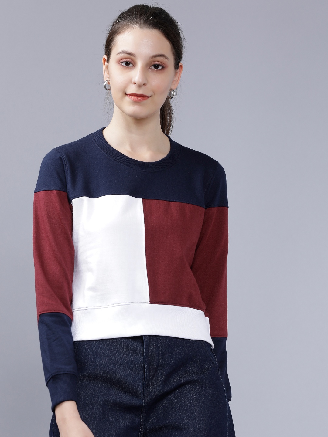 

Tokyo Talkies Women Navy Blue & Maroon Colourblocked Sweatshirt