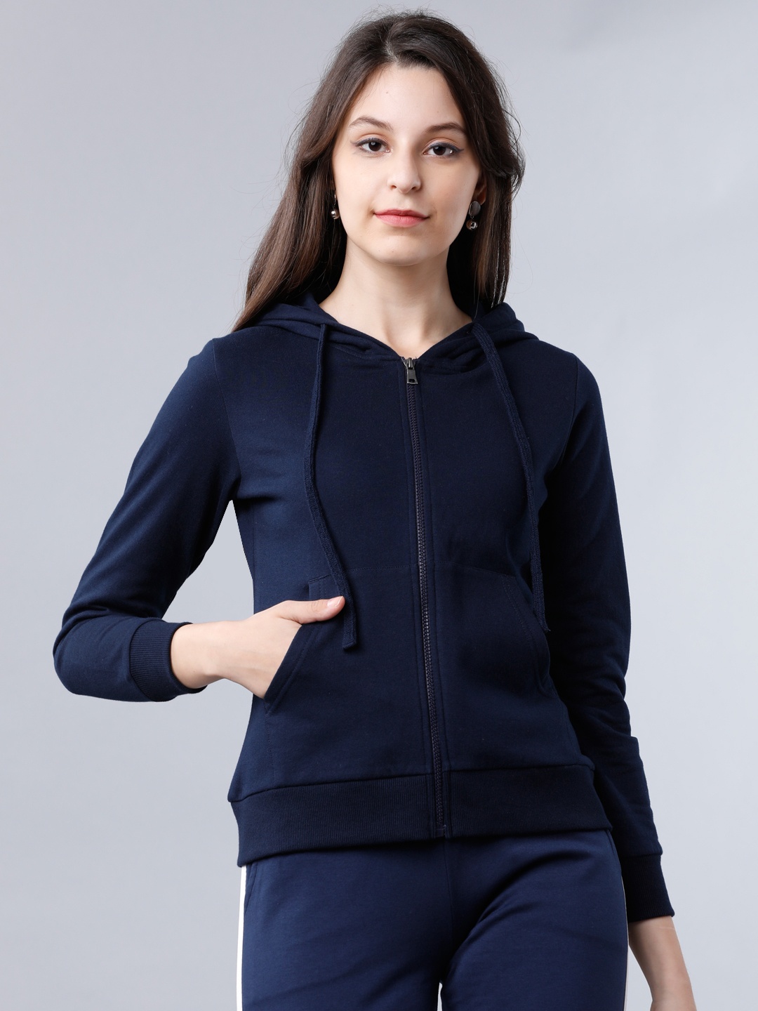 

Tokyo Talkies Women Blue Solid Hooded Sweatshirt