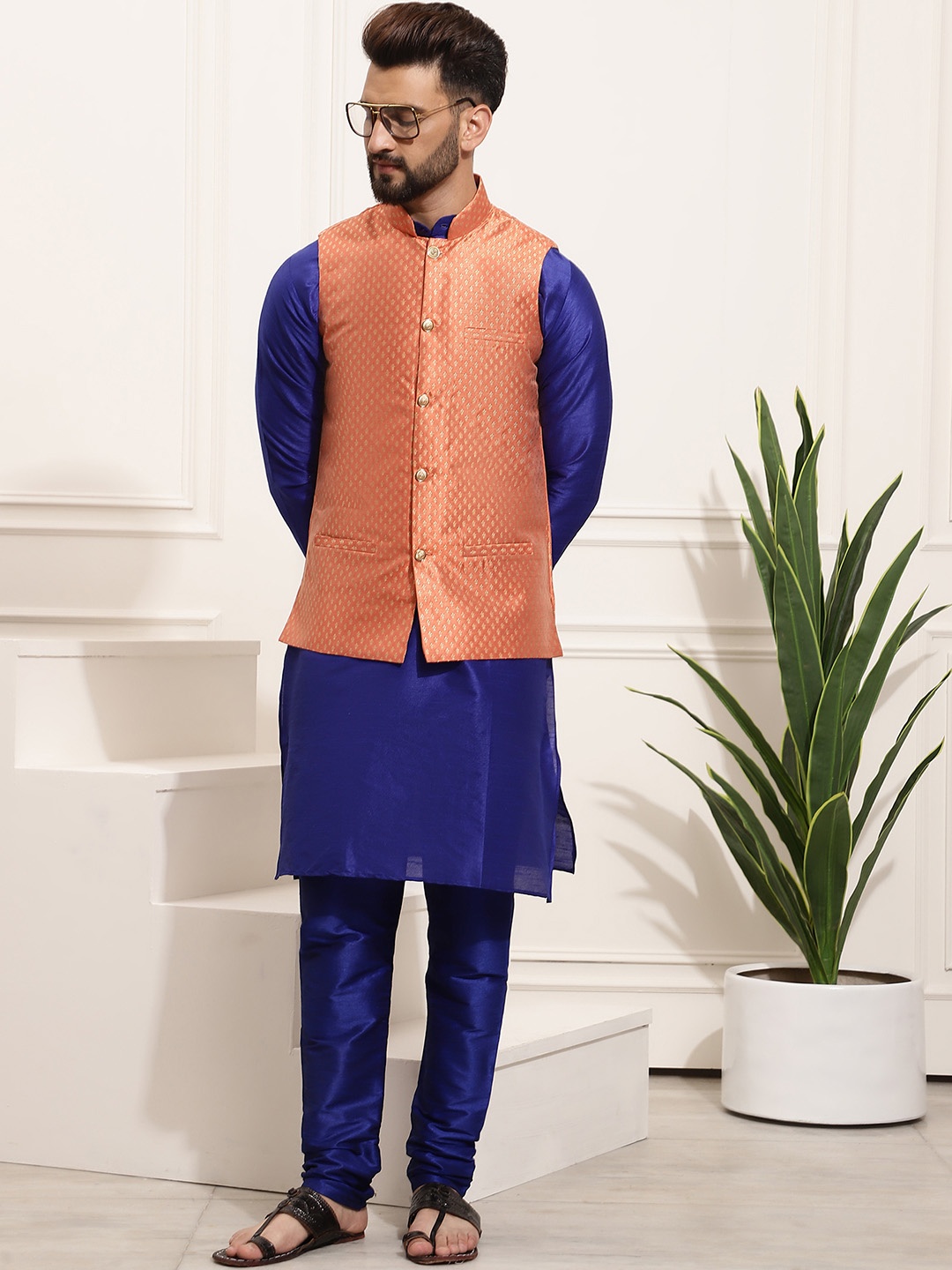 

SOJANYA Men Blue & Coral Orange Solid Kurta with Churidar & Nehru Jacket