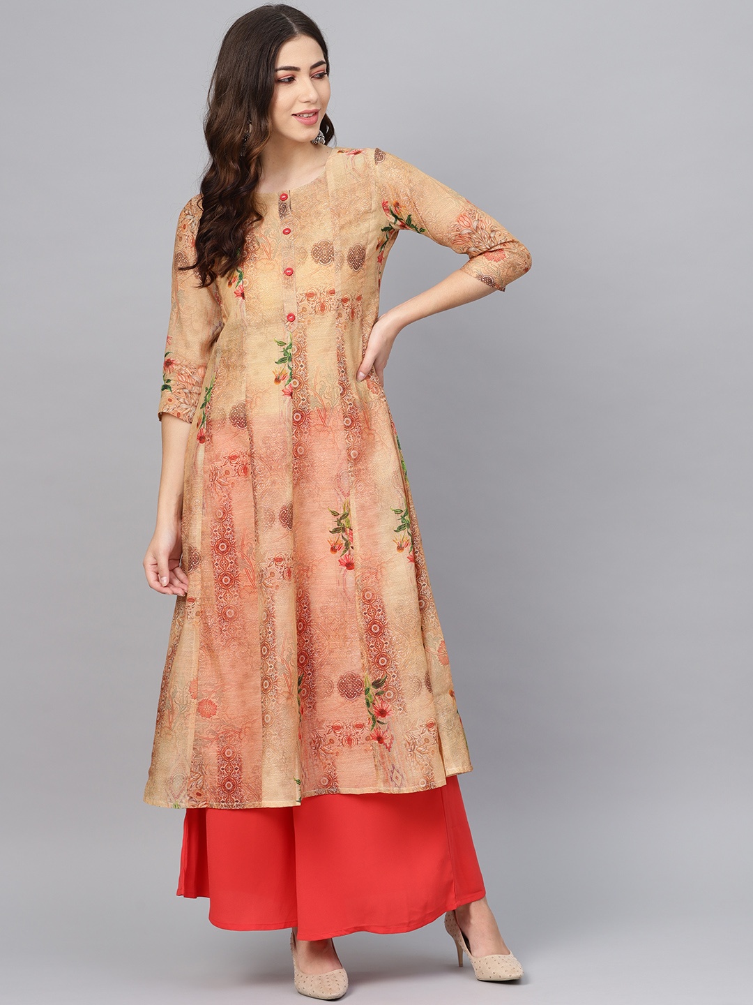 

Meeranshi Women Beige & Pink Printed A-Line Kurta
