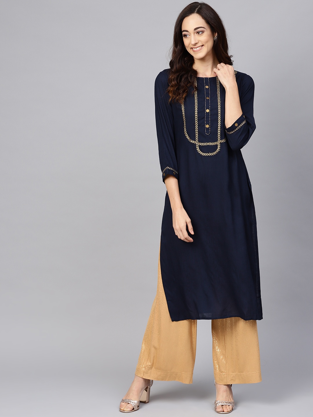 

Meeranshi Women Navy Blue & Golden Yoke Design Straight Kurta