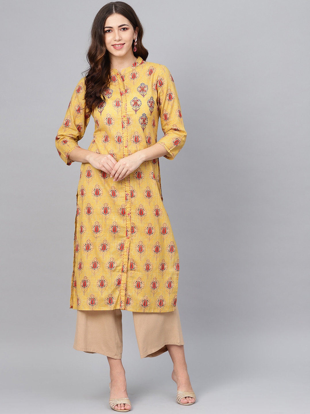 

Meeranshi Women Mustard Yellow & Red Printed Straight Kurta