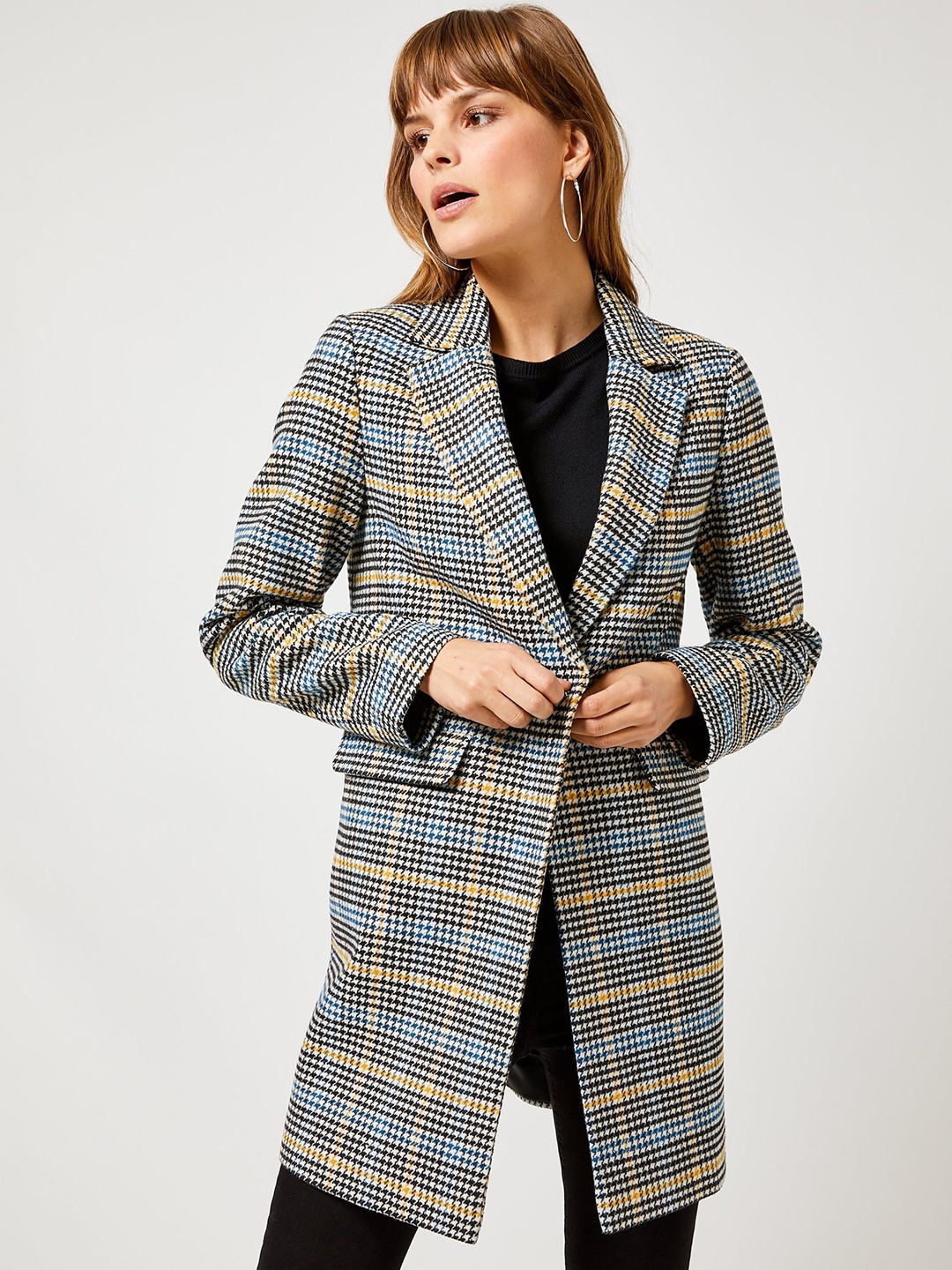 

DOROTHY PERKINS Women Off-White & Black Checked Over Coat