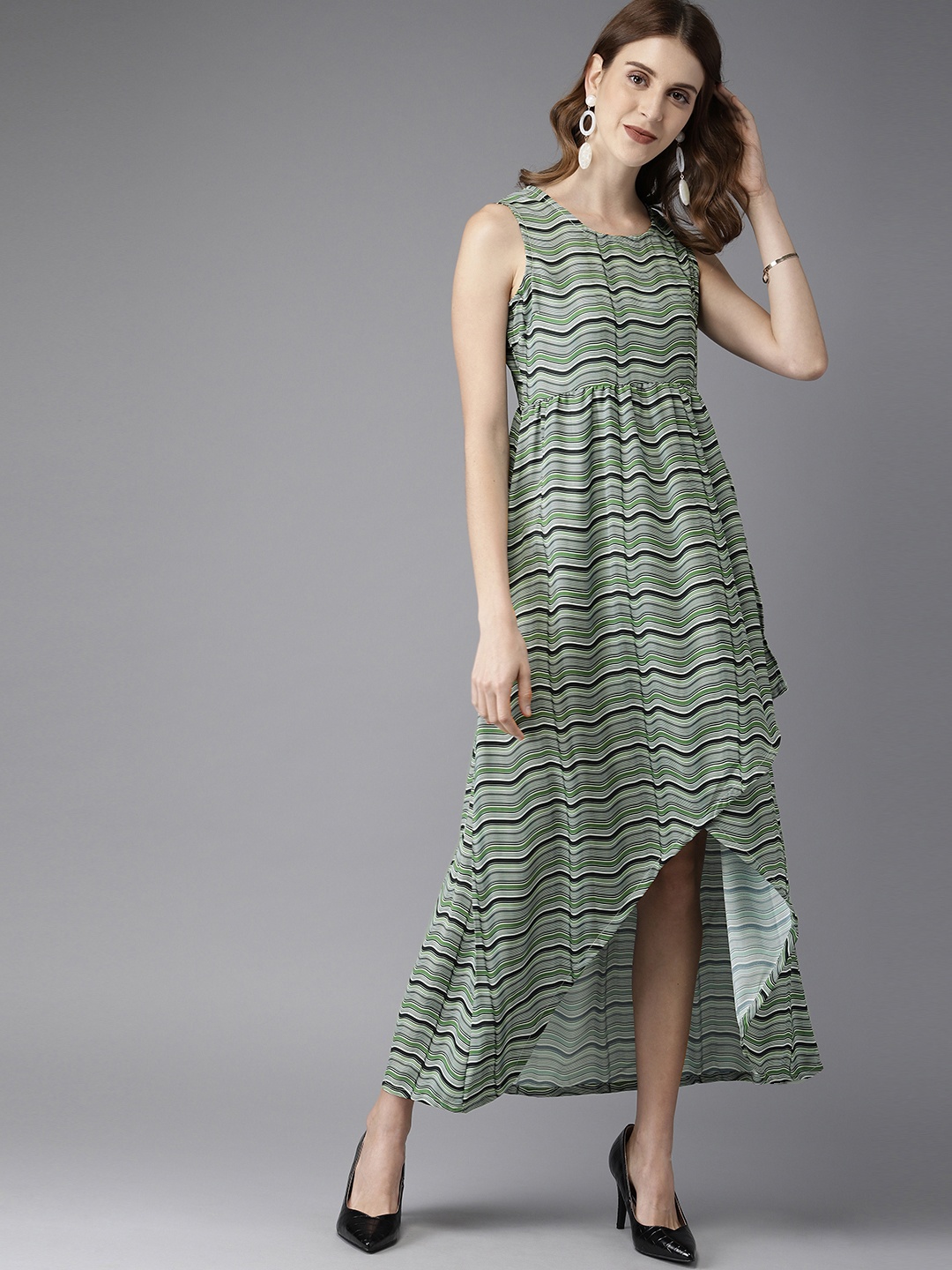 

HERE&NOW Women Green & Black Striped A-Line Dress