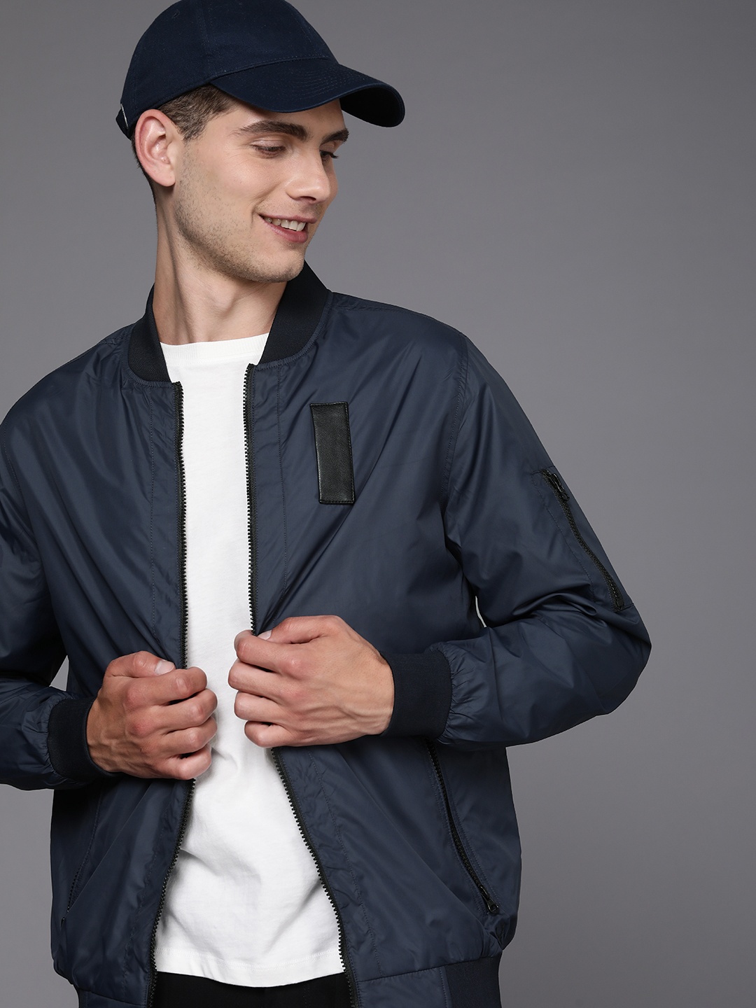 

Allen Solly Men Navy Blue Solid Bomber Jacket