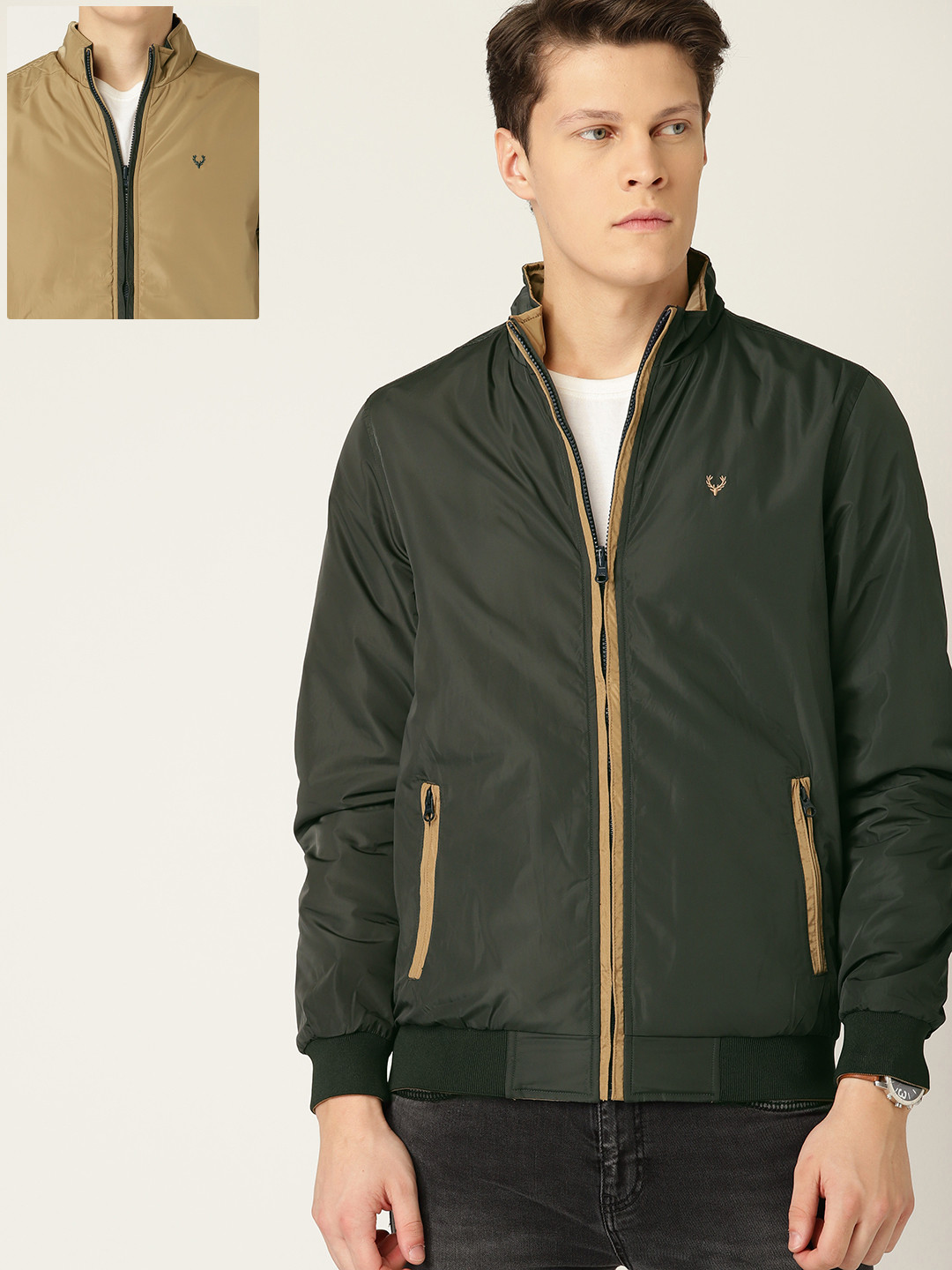 

Allen Solly Men Olive Green & Beige Solid Reversible Bomber Jacket