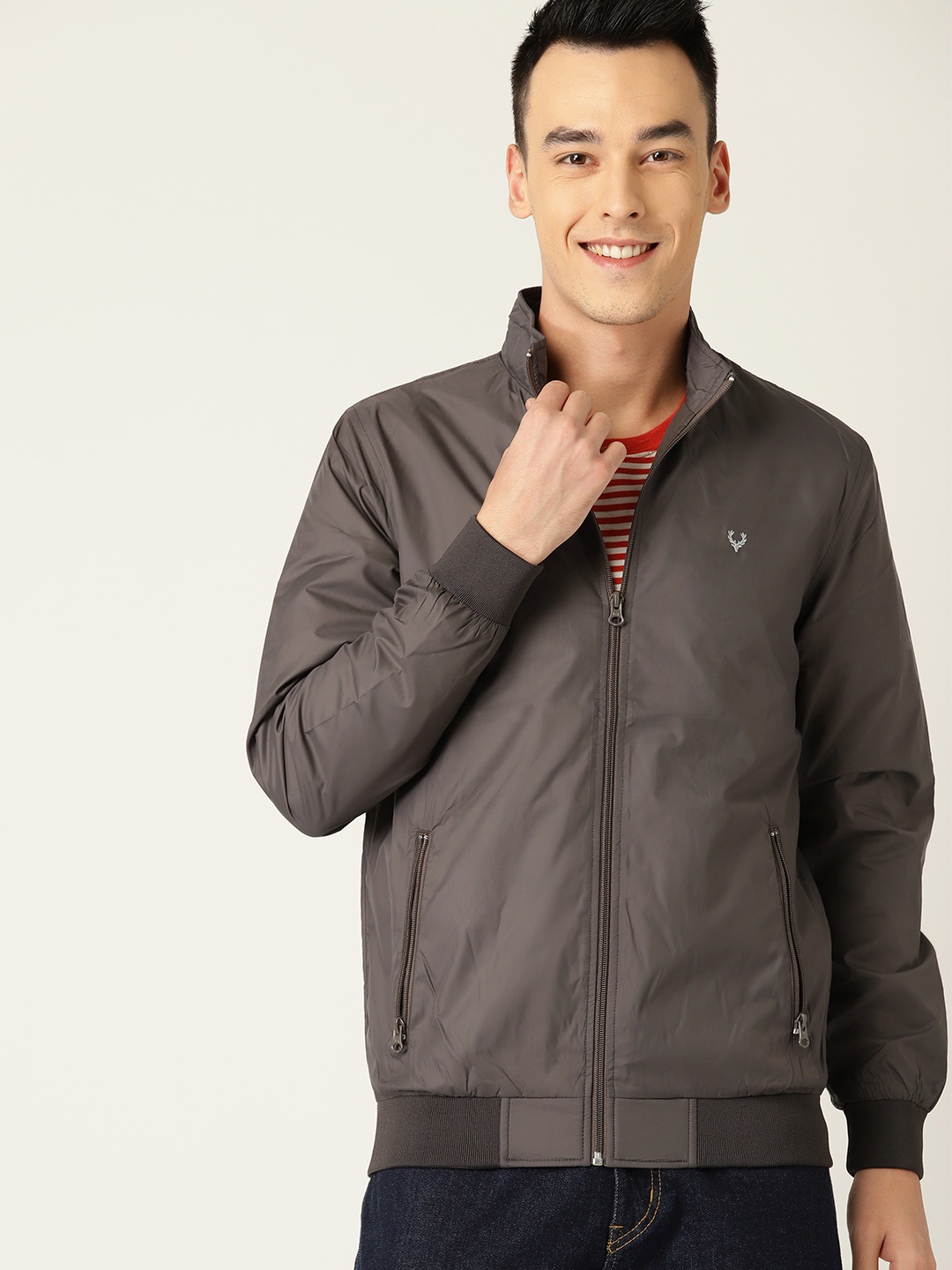 

Allen Solly Men Charcoal Grey Solid Lightweight Bomber Jacket