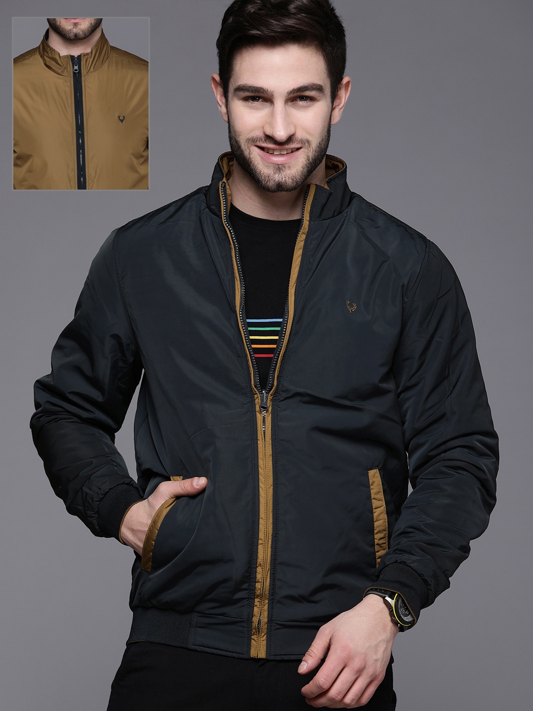 

Allen Solly Men Khaki & Navy Blue Solid Reversible Jacket