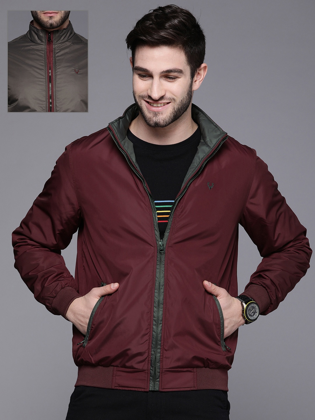 

Allen Solly Men Maroon & Grey Solid Reversible Bomber Jacket