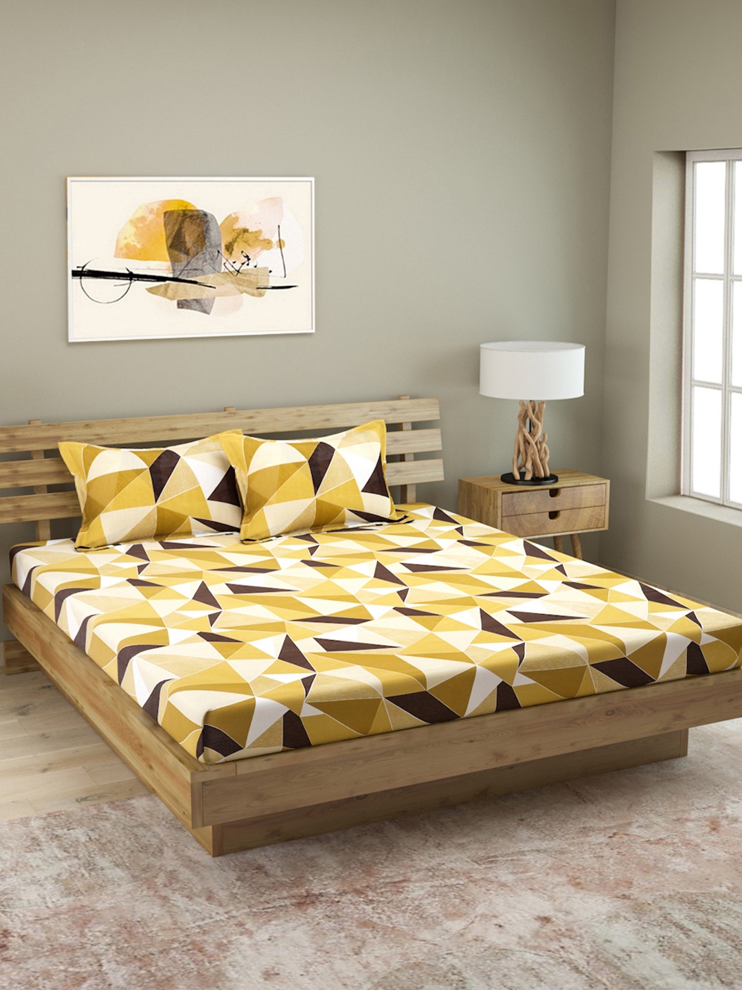 

ROMEE Yellow & Brown Abstract 144 TC Cotton 1 Queen Bedsheet with 2 Pillow Covers