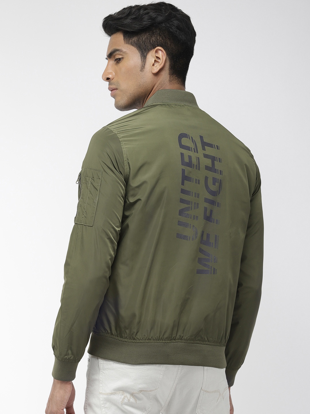 

Flying Machine Men Olive Green Printed Bomber Jacket