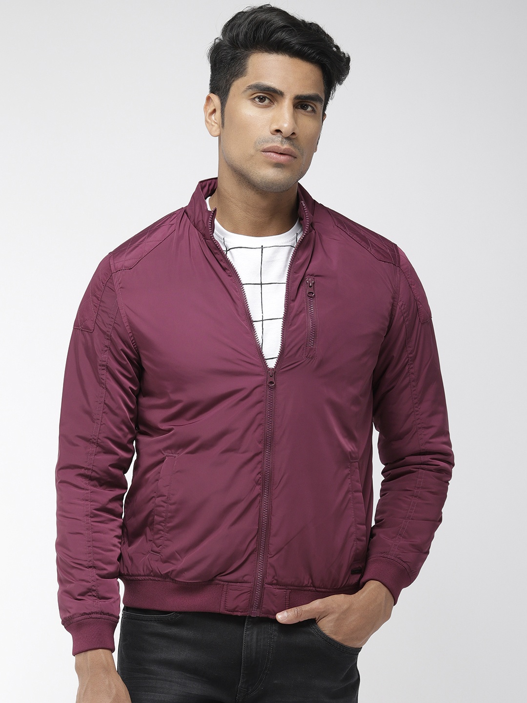 

Flying Machine Men Burgundy Solid Padded Jacket