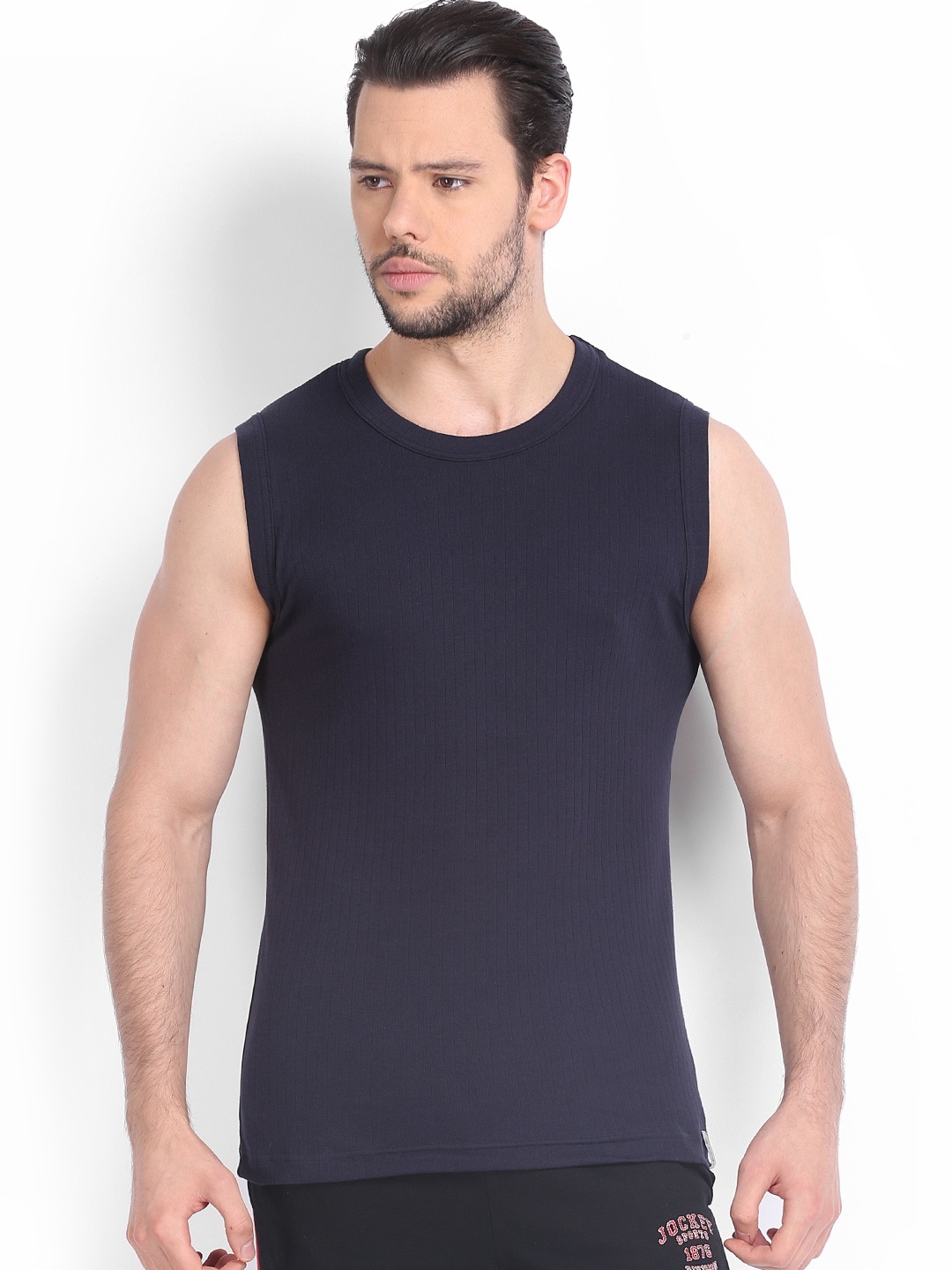 

Jockey Men Navy Blue Self Striped Gym T-Shirt