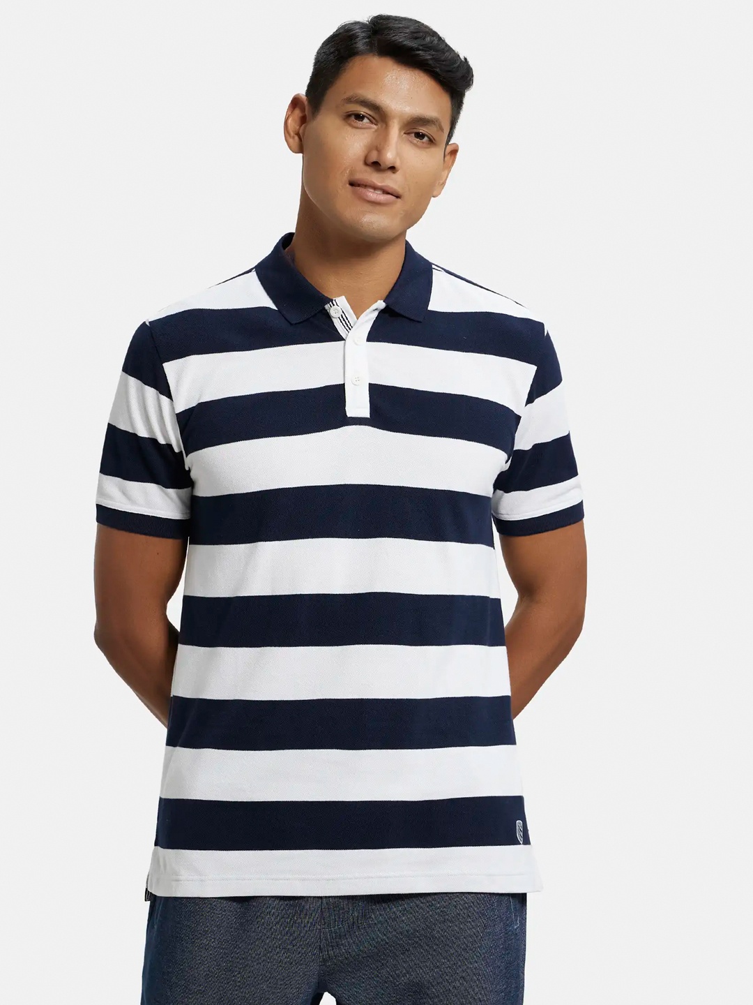 

Jockey Men Navy Blue & White Striped Polo Collar T-shirt