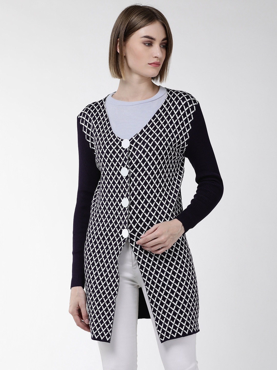 

Fort Collins Women Navy Blue & White Self Design Cardigan