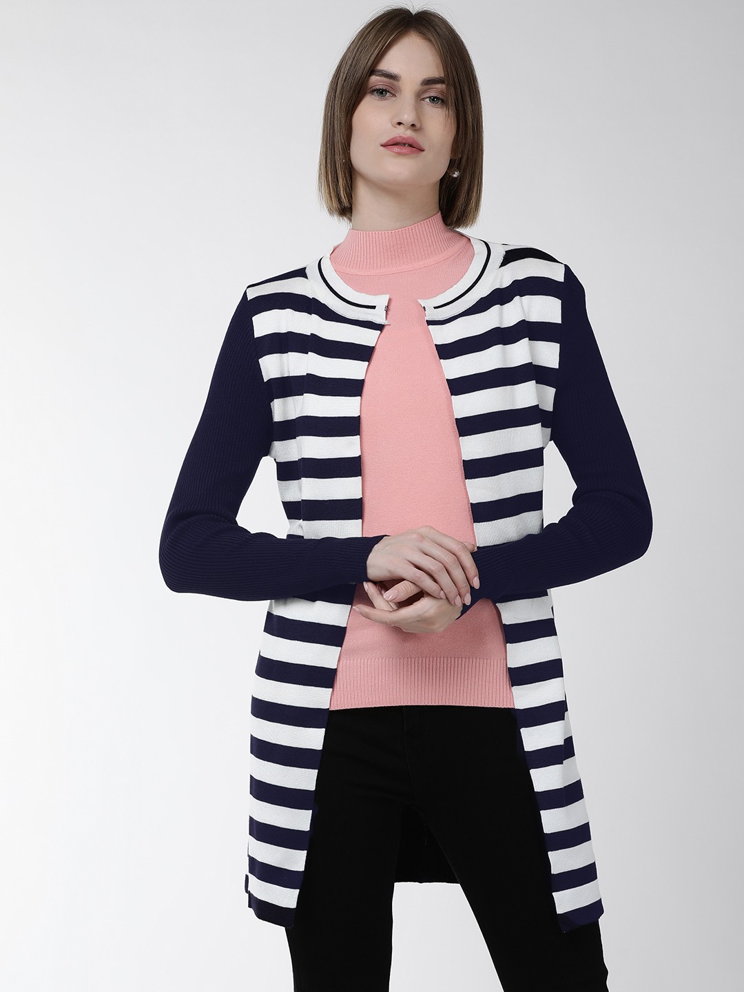 

Fort Collins Women Navy Blue & Off-White Striped Front-Open Acrylic Sweater