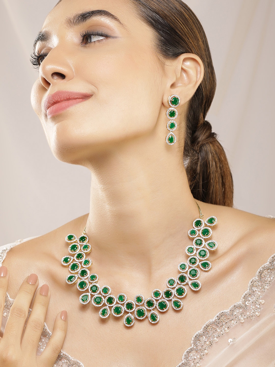 

Rubans 22K Gold-Plated Emerald & Cubic Zicronia Studded Handcrafted Statement Necklace Set