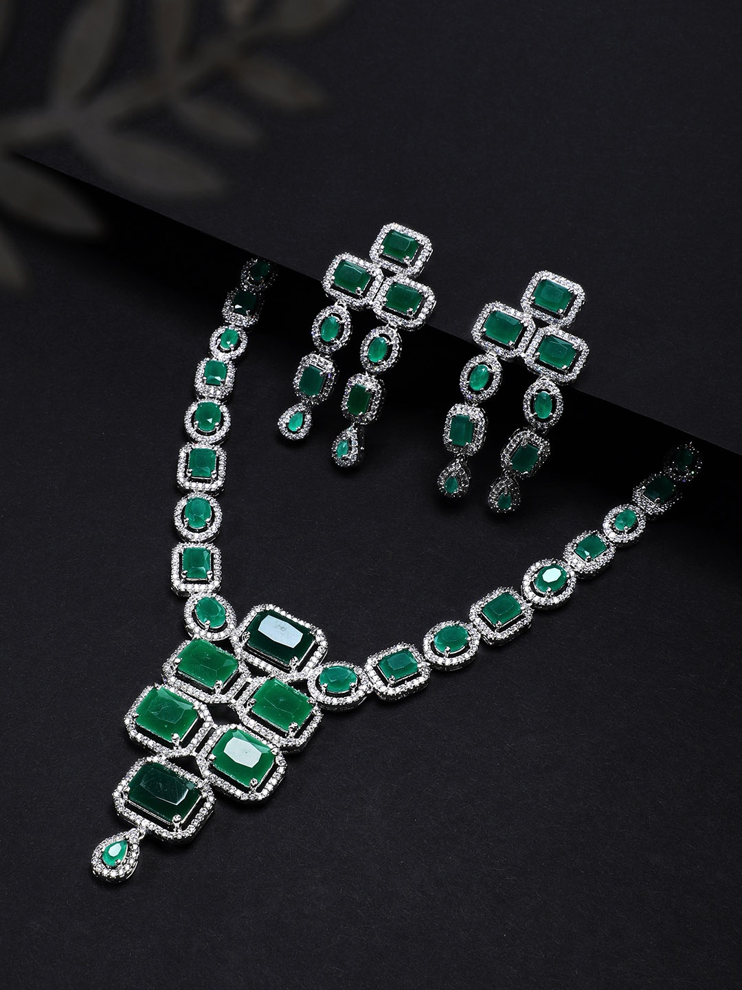 

Rubans Women Gold-Plated Green Stone Studded Handcrafted Statement Necklace Set, Silver