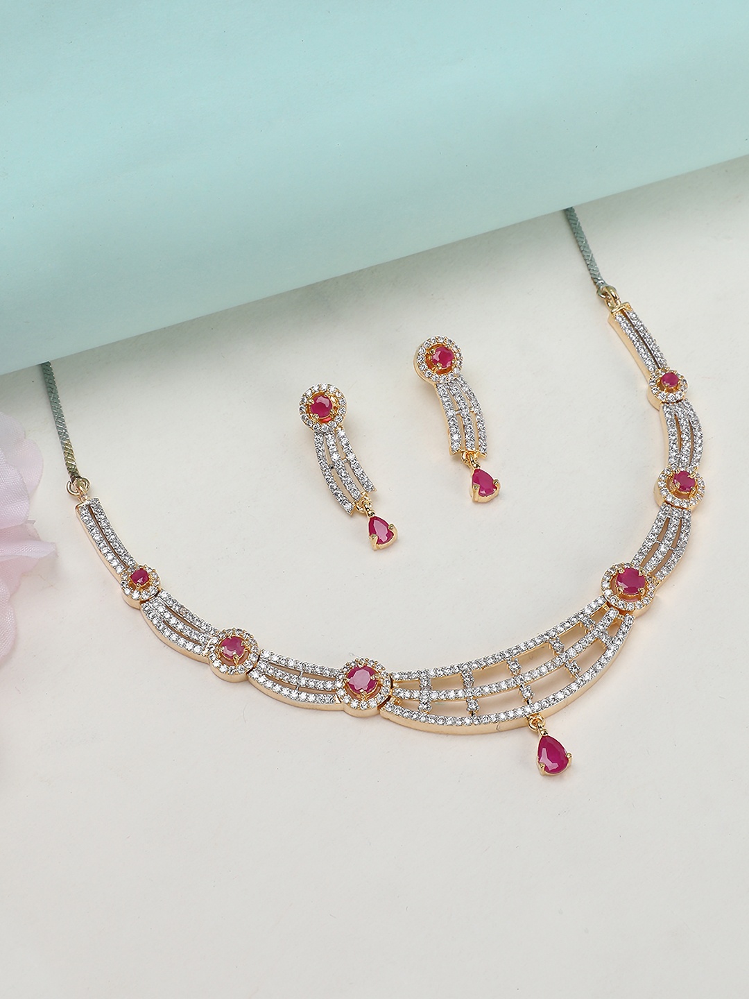 

Rubans Women Gold-Plated Zircon Stone Studded Handcrafted Statement Necklace Set