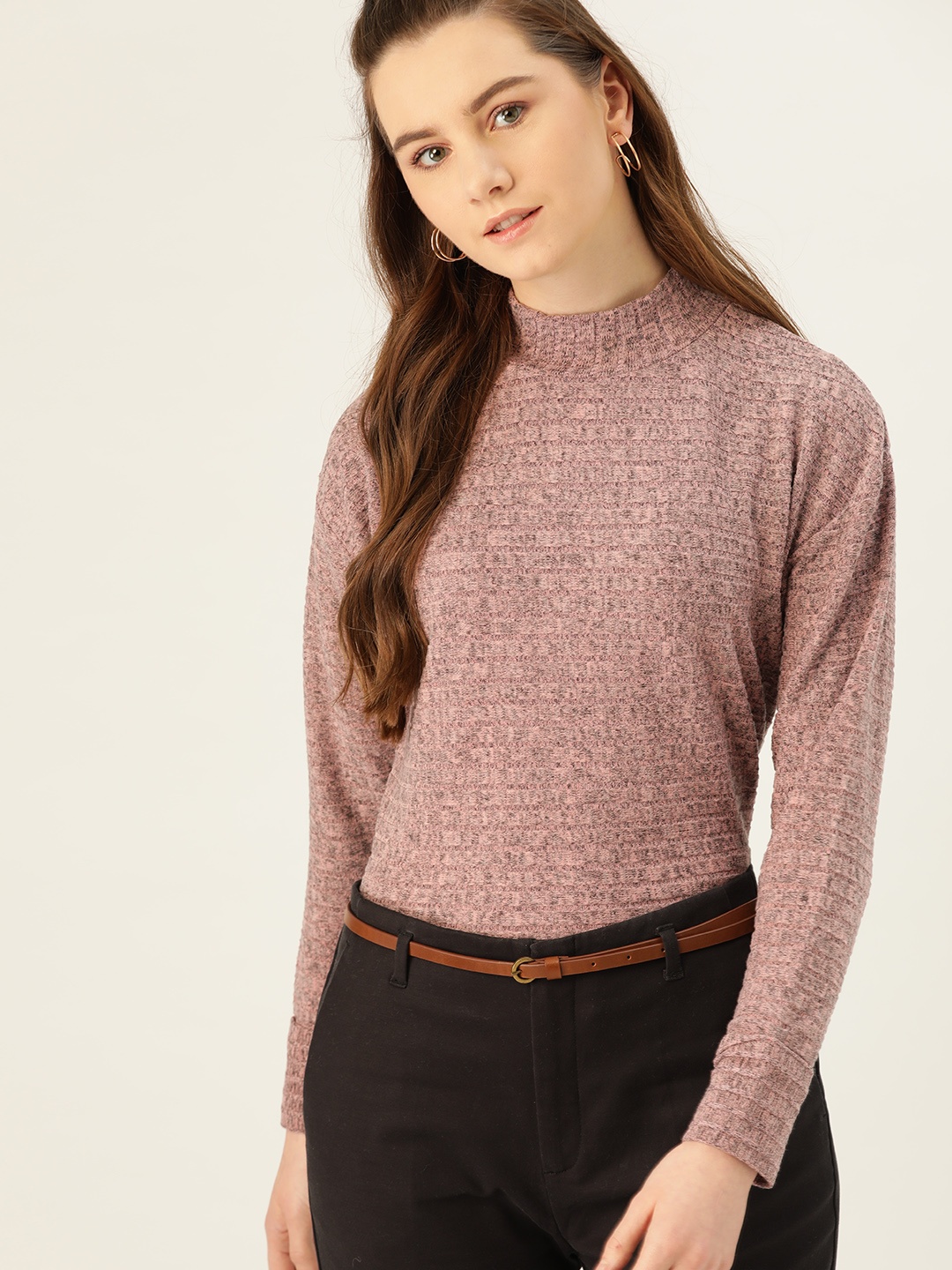 

United Colors of Benetton Women Pink & Grey Melange Self-Striped Top