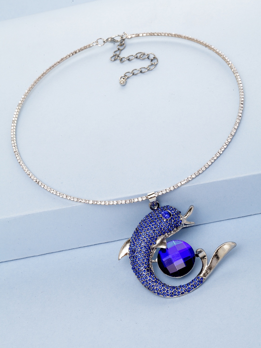 

PANASH Sliver Plated & Blue Cubic Zirconia Studded Handcrafted Fish Shaped Necklace, Silver