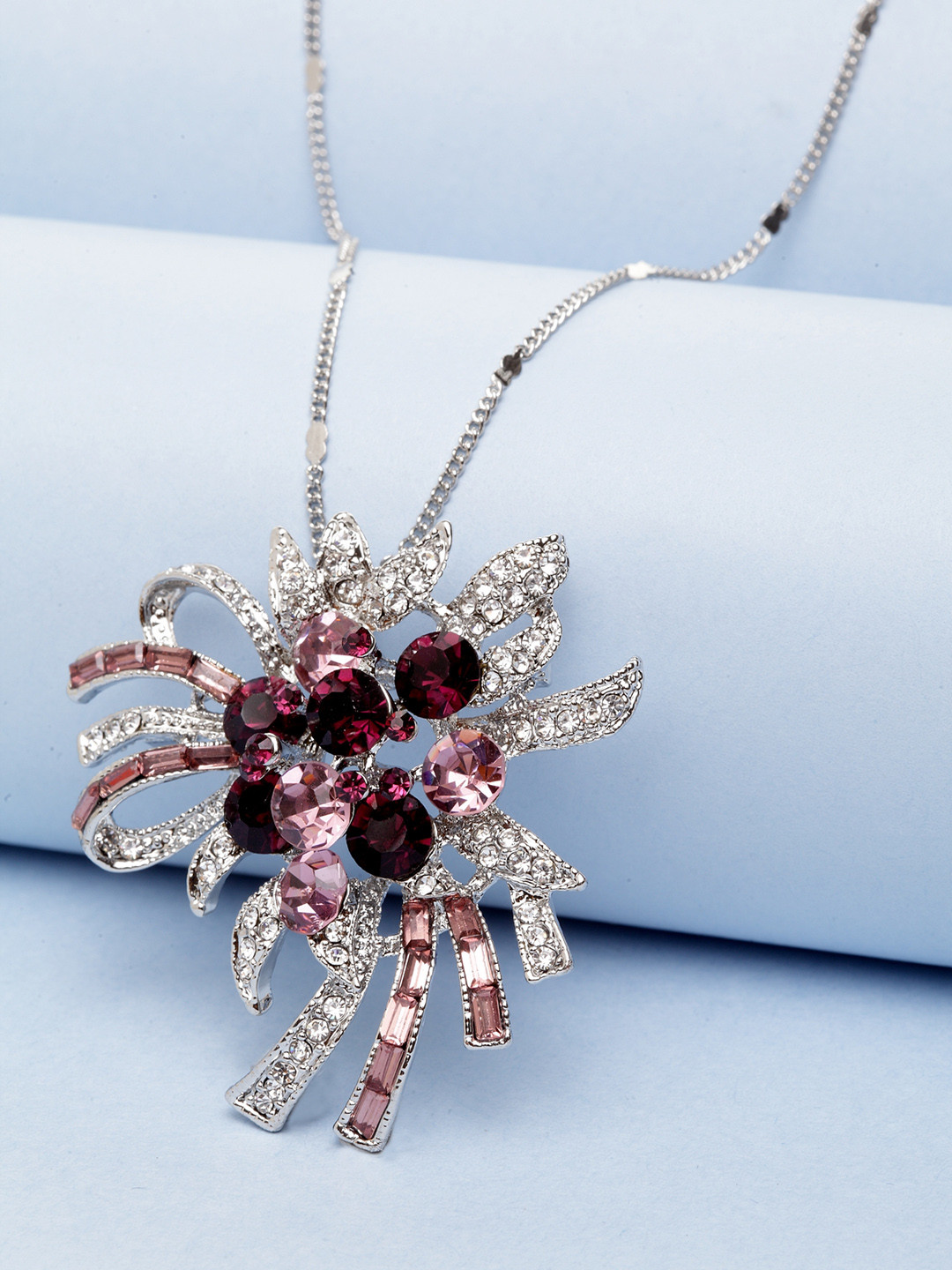 

PANASH Silver-Plated Maroon CZ Stoned Contemporary Shaped Pendant With Chain