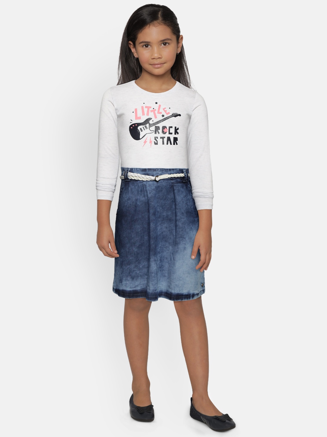 

Gini and Jony Girls White & Blue Printed & Washed Chambray A-Line Dress with Belt