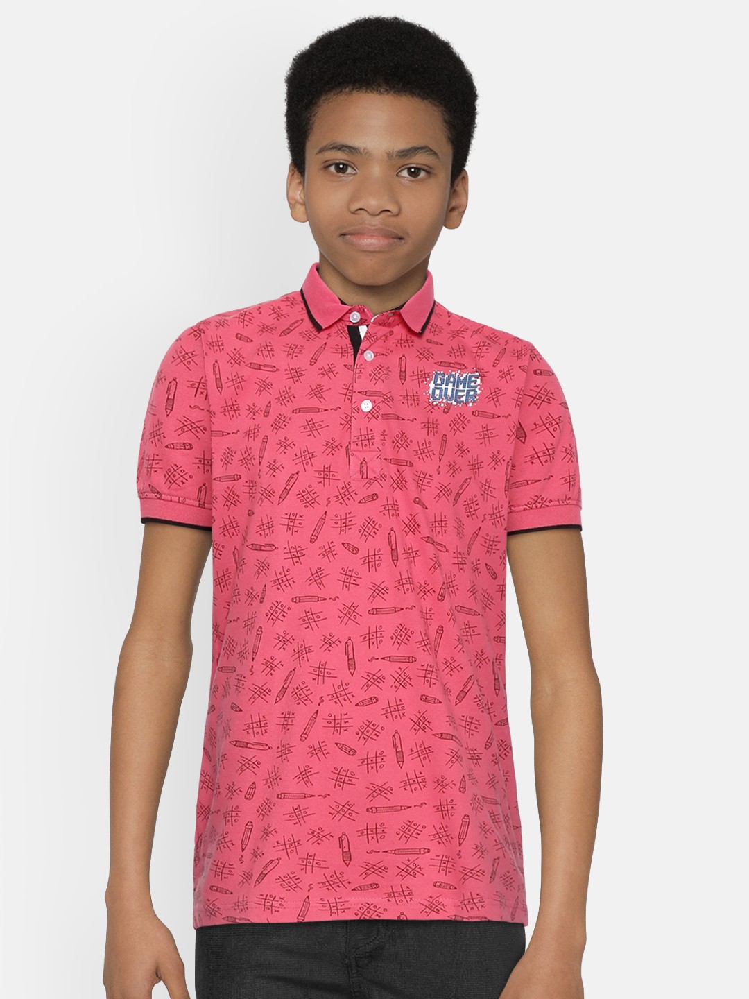 

Palm Tree Boys Pink Coffee Brown Tic-Tac-Toe Printed Polo Collar Pure Cotton T-shirt