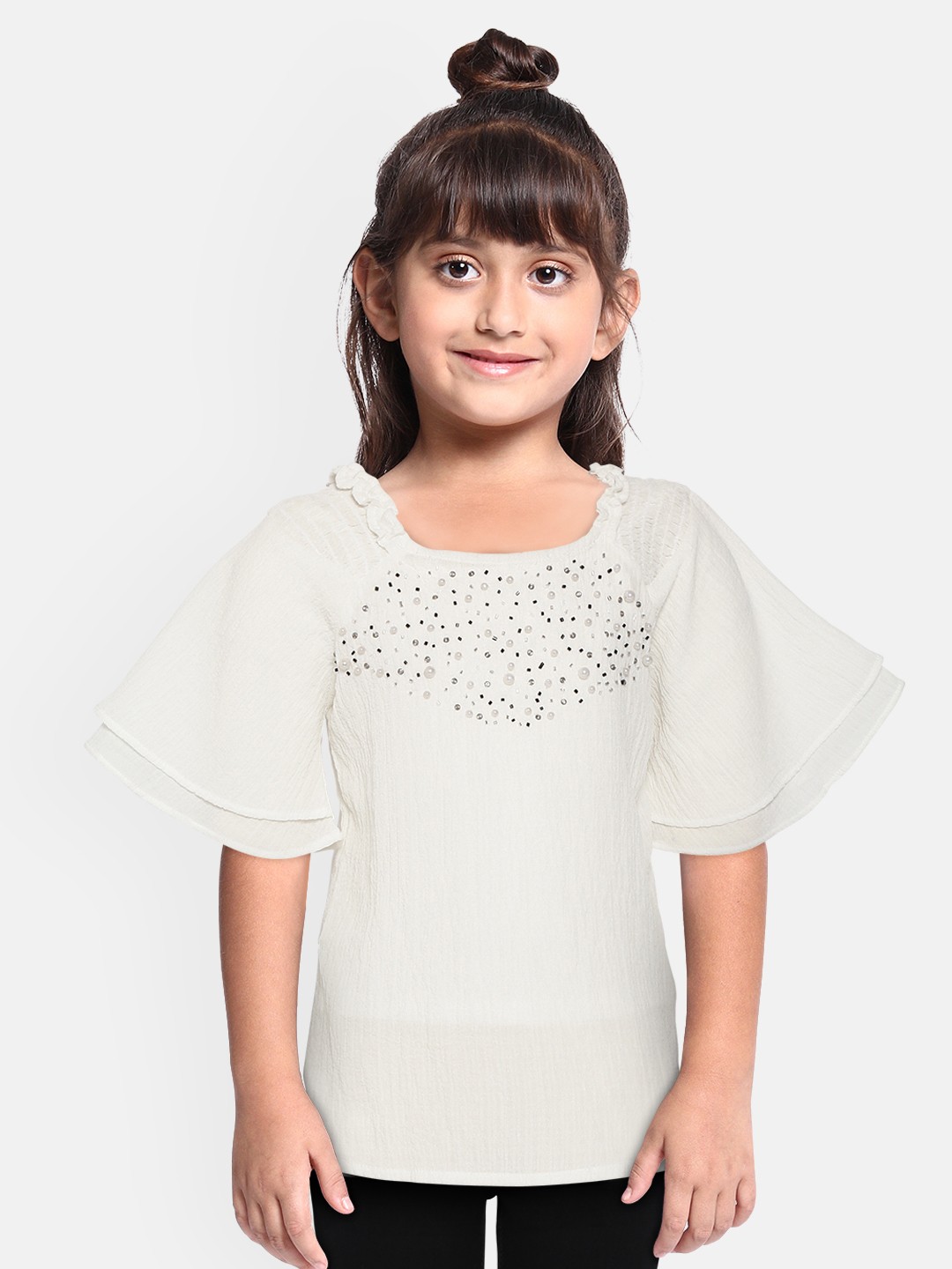 

Gini and Jony Girls White Solid Pure Cotton Top with Embellished Detail