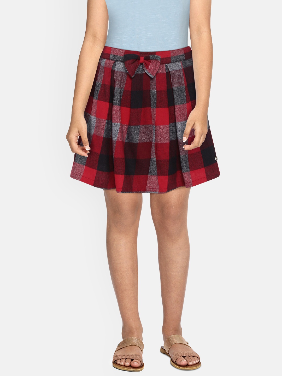 

Gini and Jony Girls Red & Black Checked Pure Cotton Flared Skirt With Bow Detail