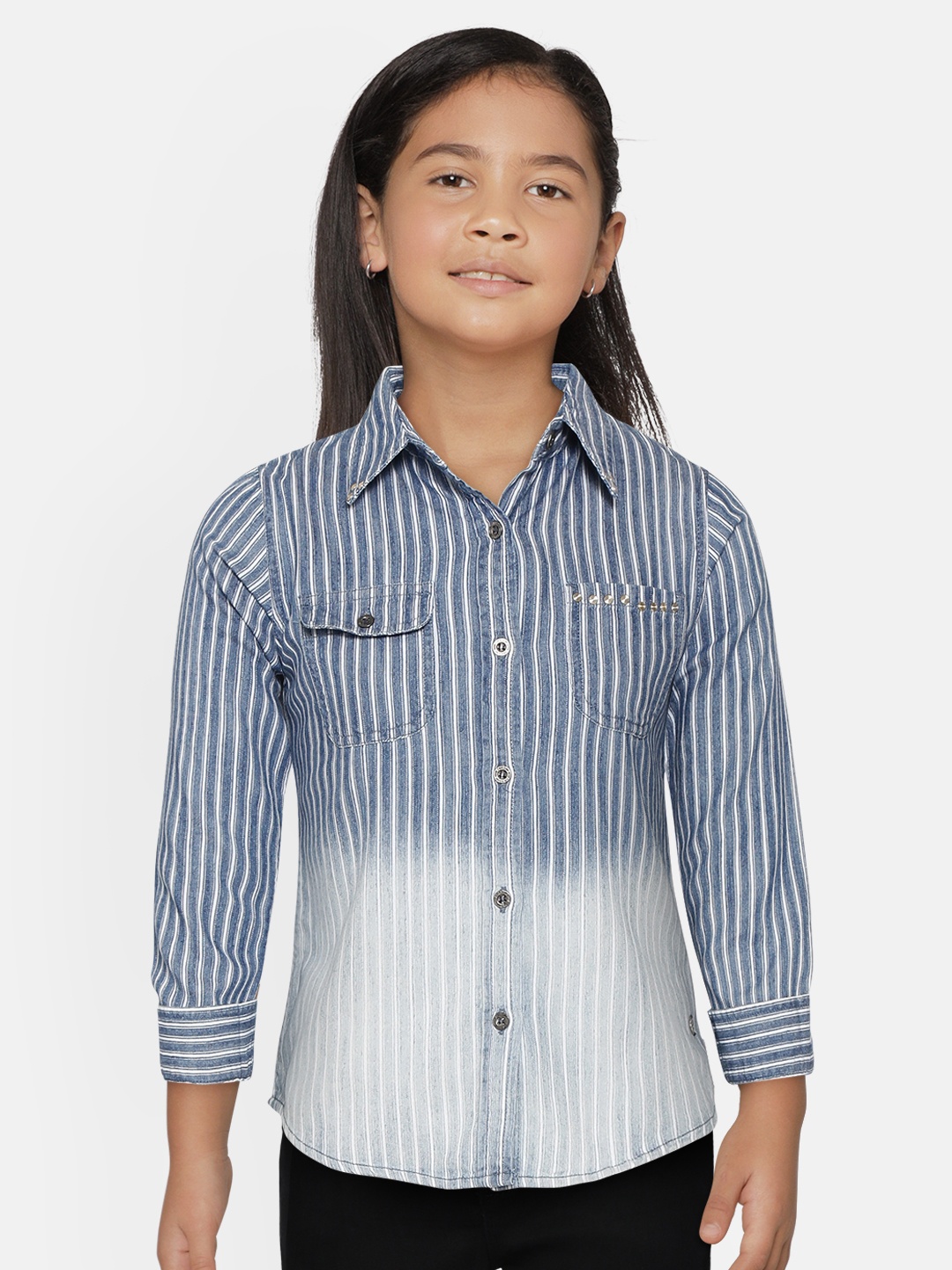 

Gini and Jony Girls Blue Regular Fit Striped Pure Cotton Chambray Shirt with Dyed Effect