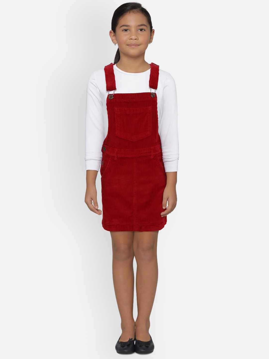 

Gini and Jony Girls Maroon & White Corduroy Solid Pinafore Dress with T-shirt
