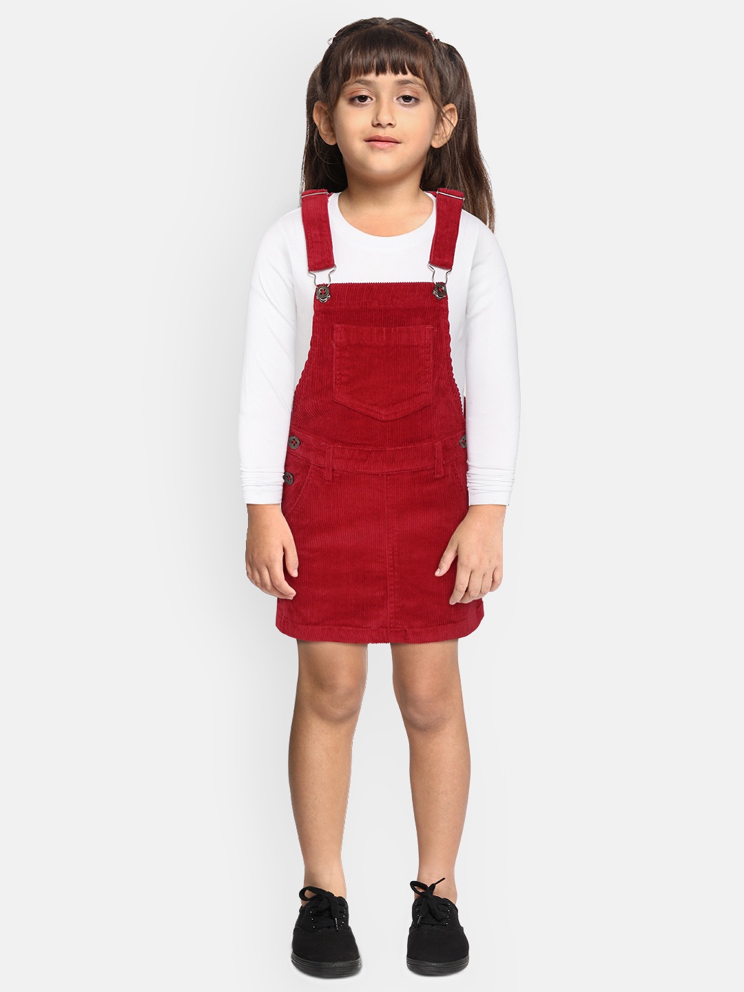 

Gini and Jony Girls Red Solid Corduroy Pinafore Dress With T-shirt