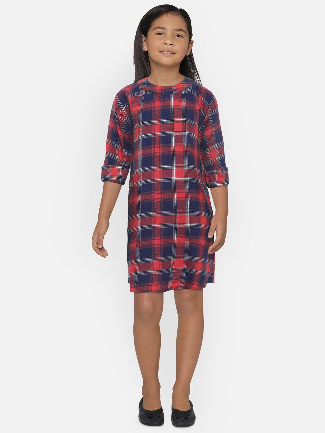 

Gini and Jony Girls Navy Blue & Red Checked A-Line Dress