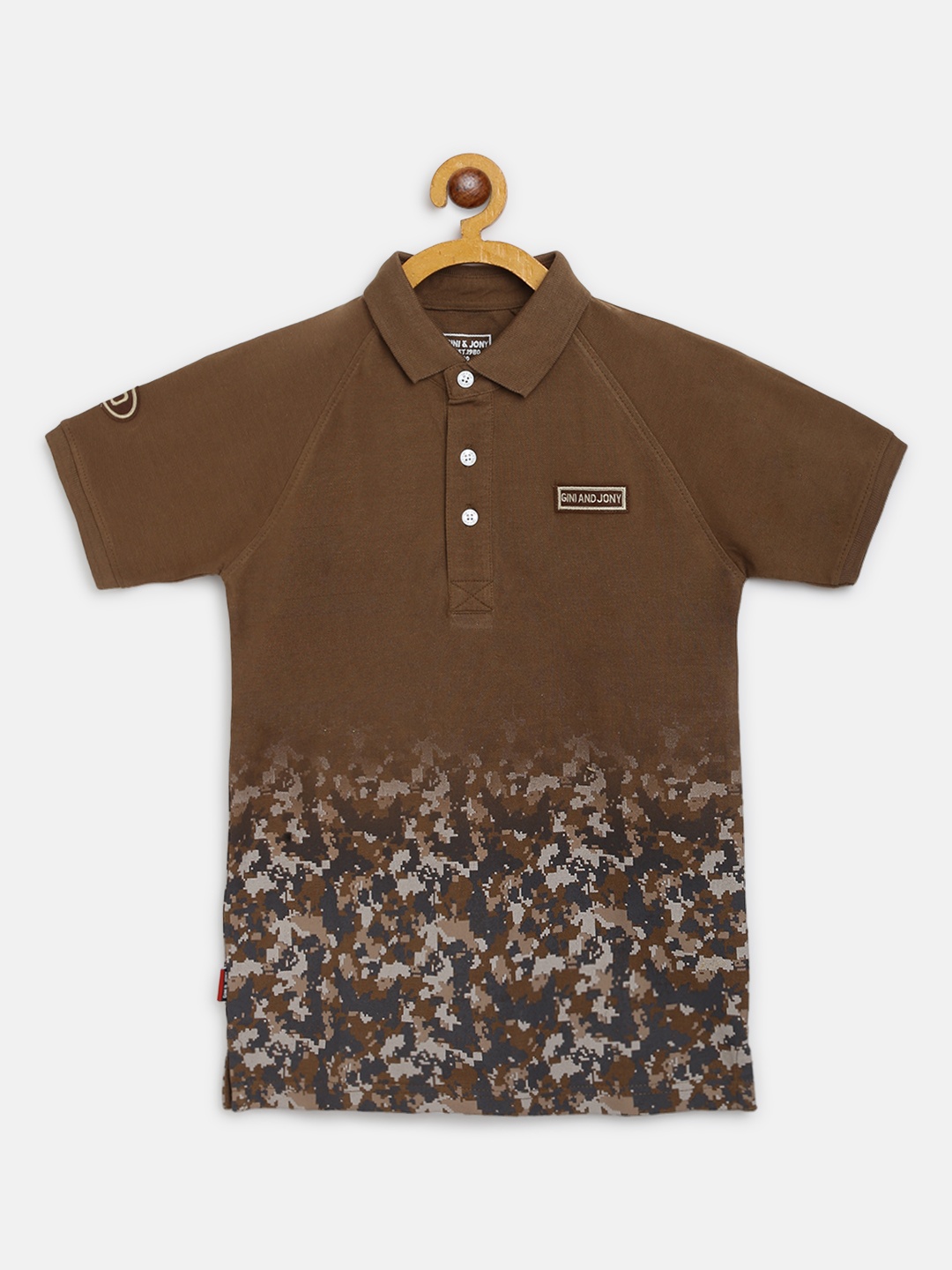 

Gini and Jony Boys Brown & Charcoal Grey Geometric Print Pure Cotton Polo Collar T-shirt