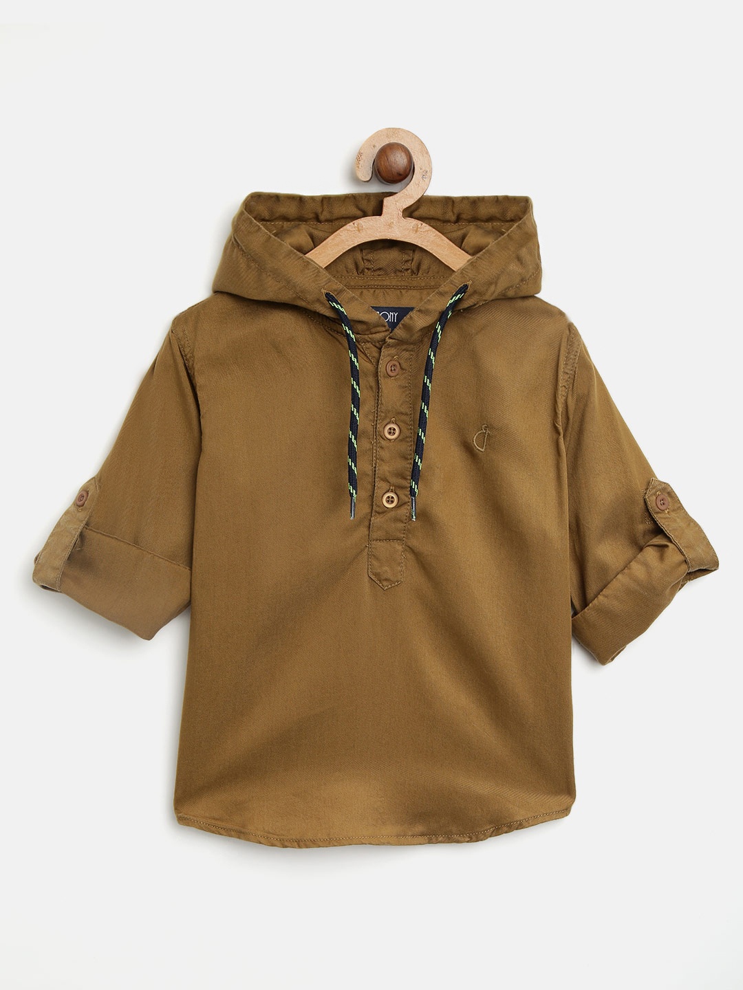 

Gini and Jony Boys Olive Brown Regular Fit Solid Hooded Casual Shirt