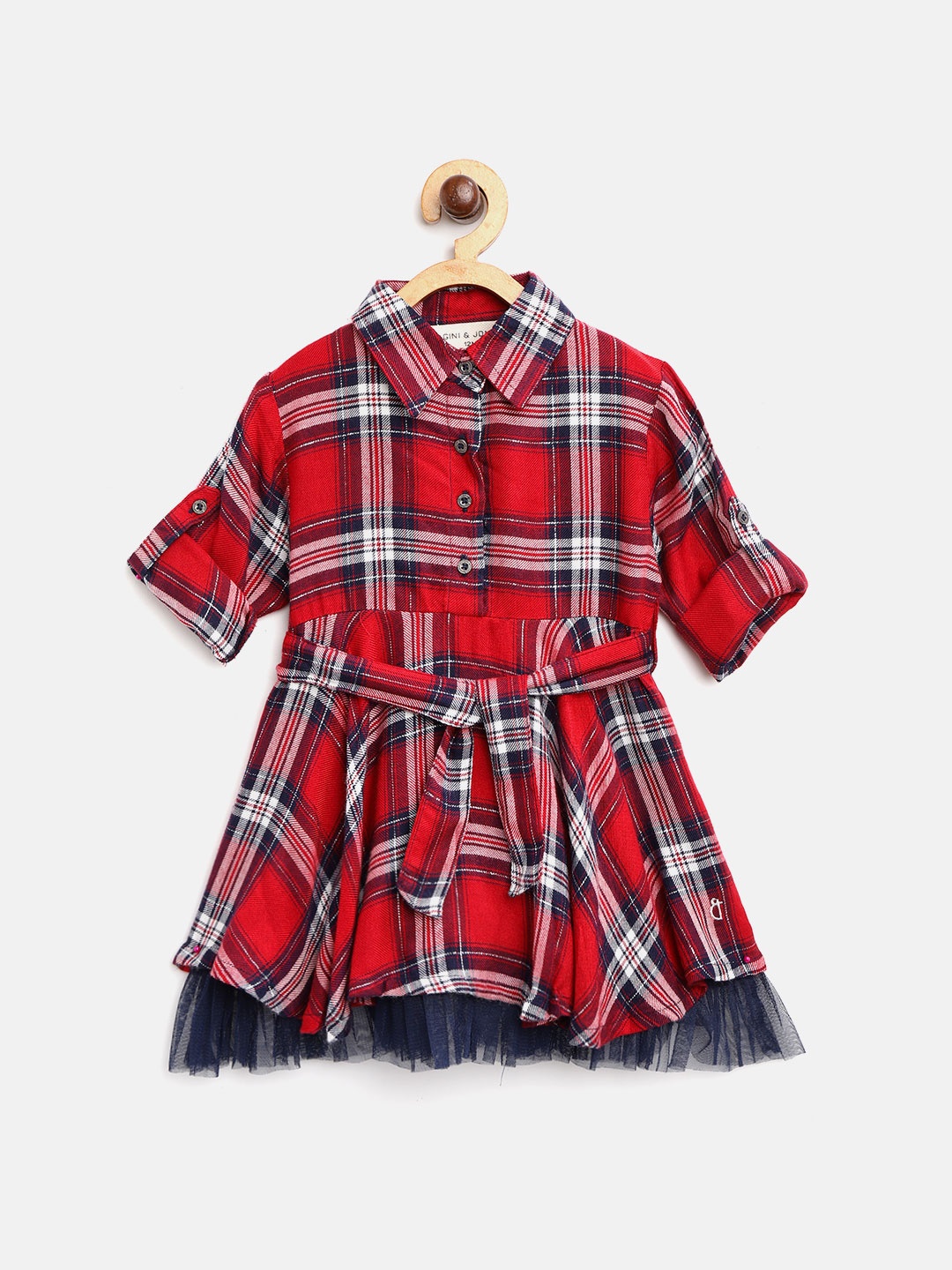 

Gini and Jony Girls Red & Navy Blue Checked Shirt Dress