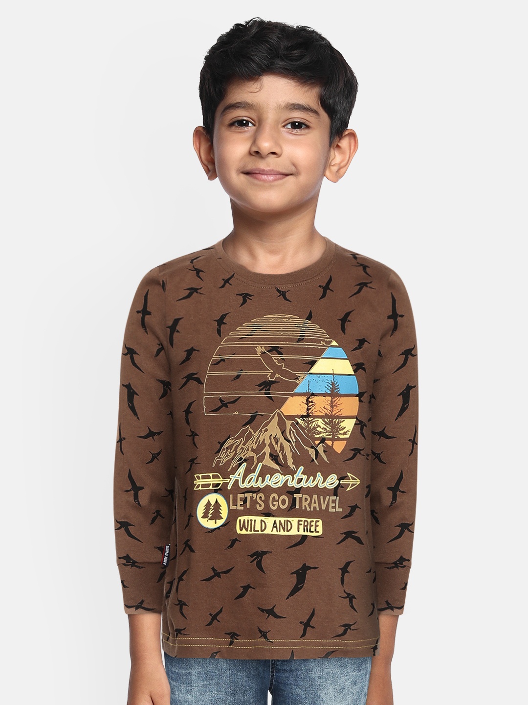

Gini and Jony Boys Mustard Brown & Black Printed Pure Cotton Round Neck T-shirt